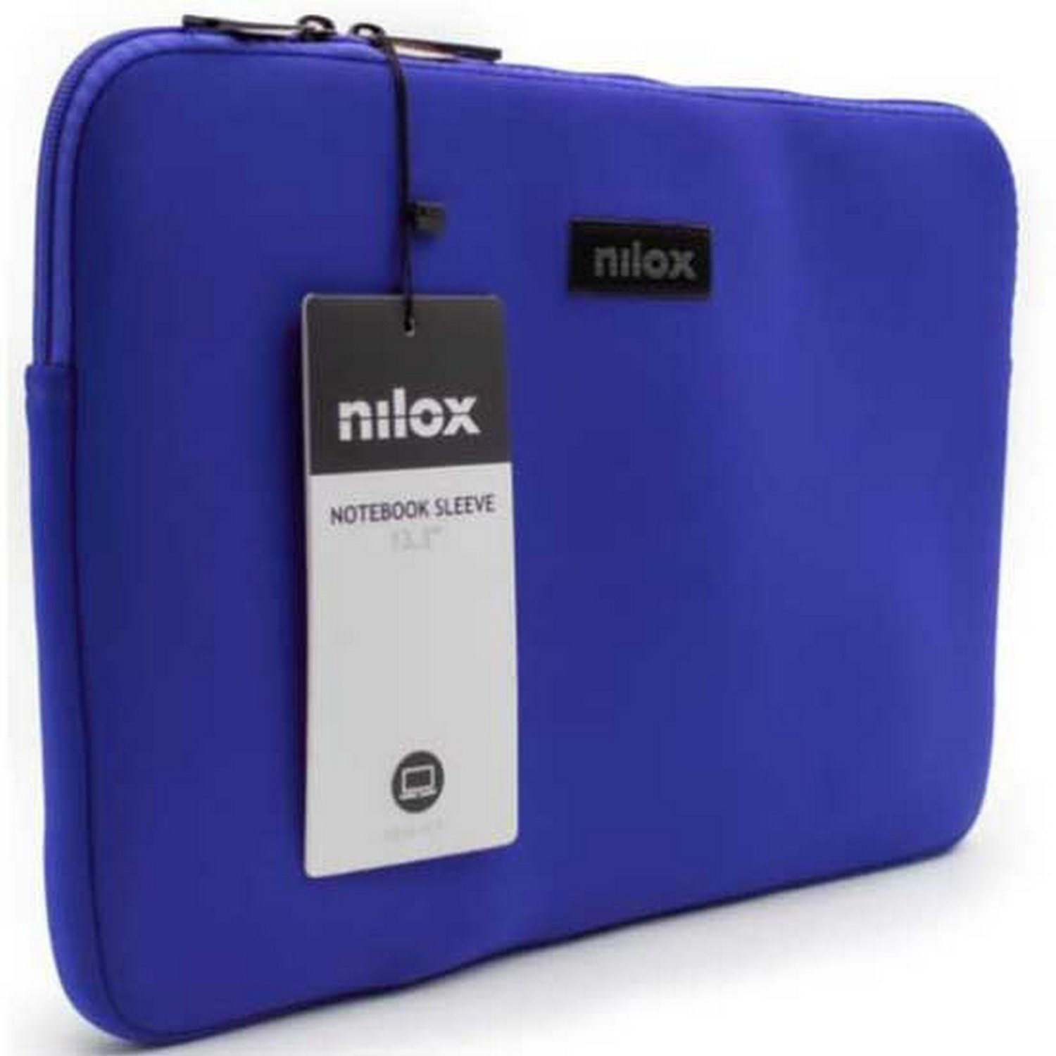 Funda azul para portátil Nilox con etiqueta, etiqueta negra y cremallera.