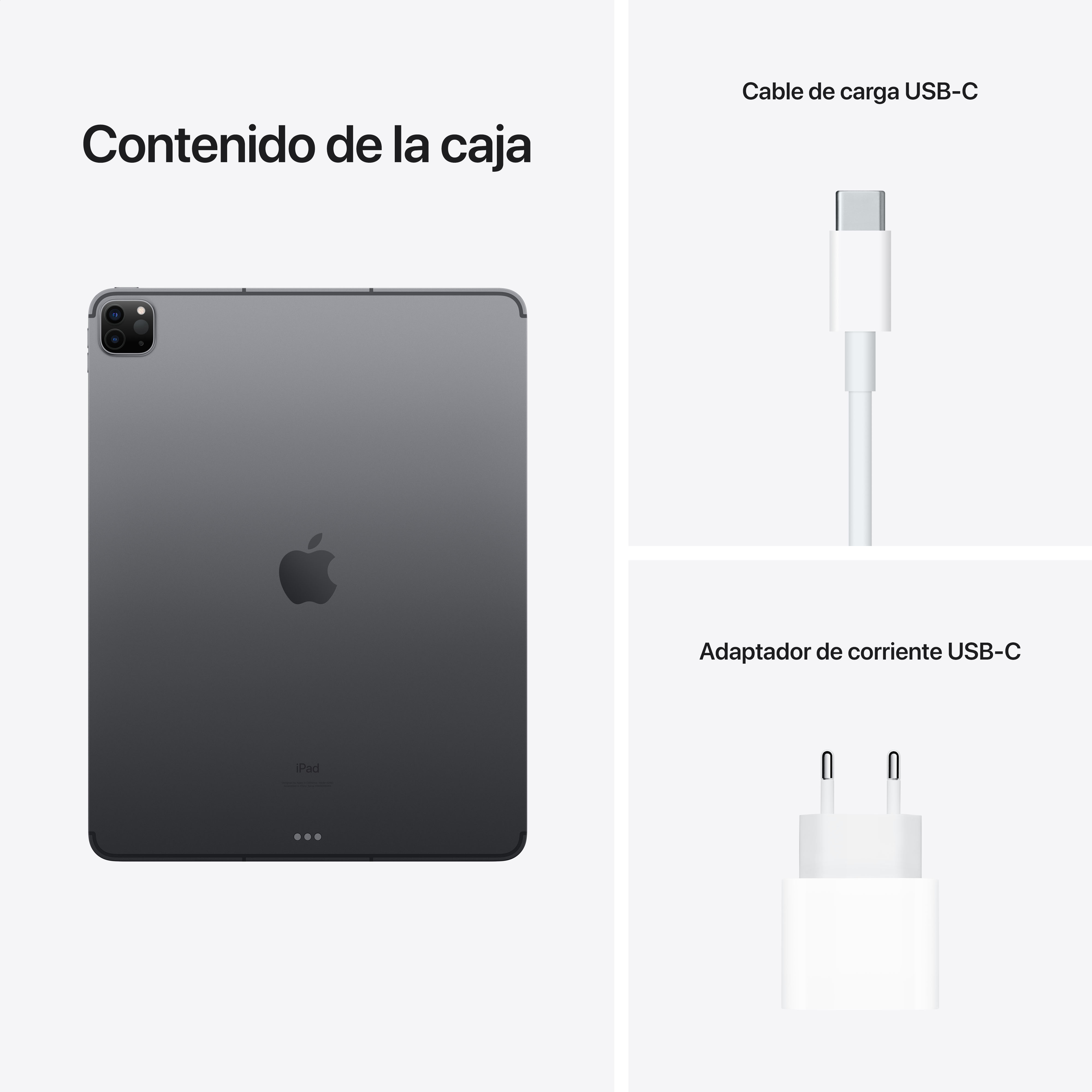 iPad Pro gris oscuro, cable de carga USB-C y adaptador de corriente USB-C, todo sobre un fondo blanco. Texto en español.