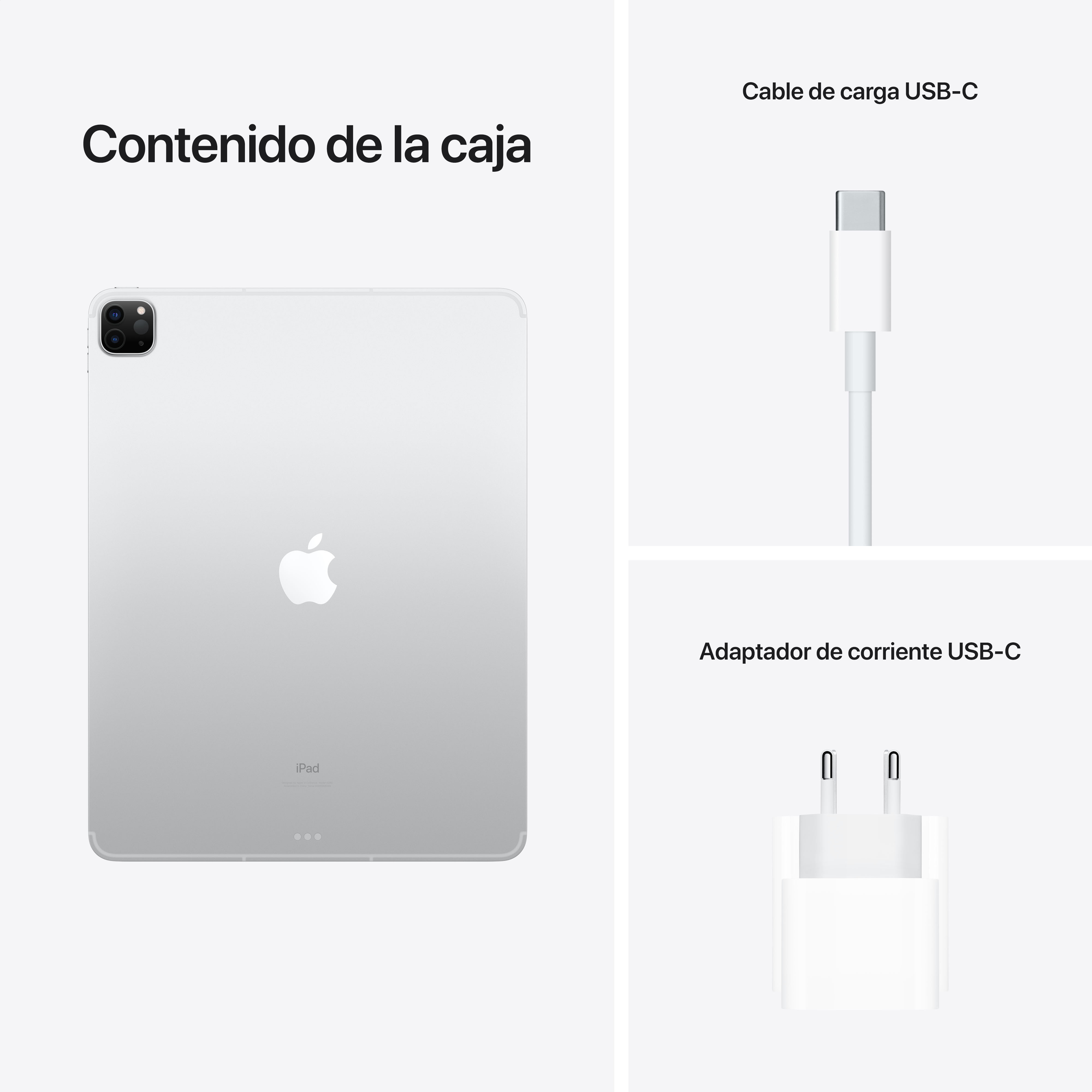 Un iPad plateado con un cable de carga USB-C y un adaptador de corriente USB-C. El texto dice 'Contenido de la caja'.