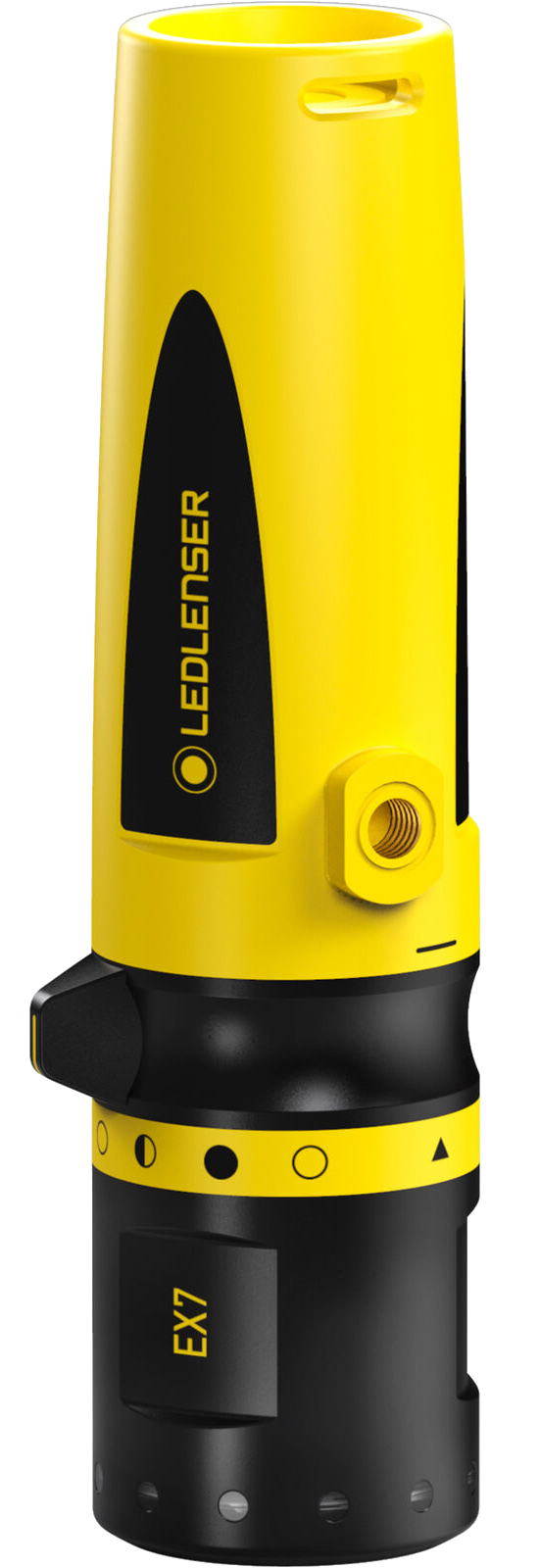 Egy sárga-fekete LED Lenser EX7 zseblámpa, közelről.