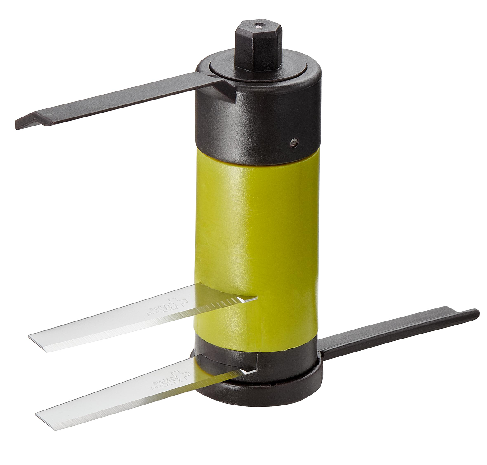 A green and yellow tool with blades, shown straight on.