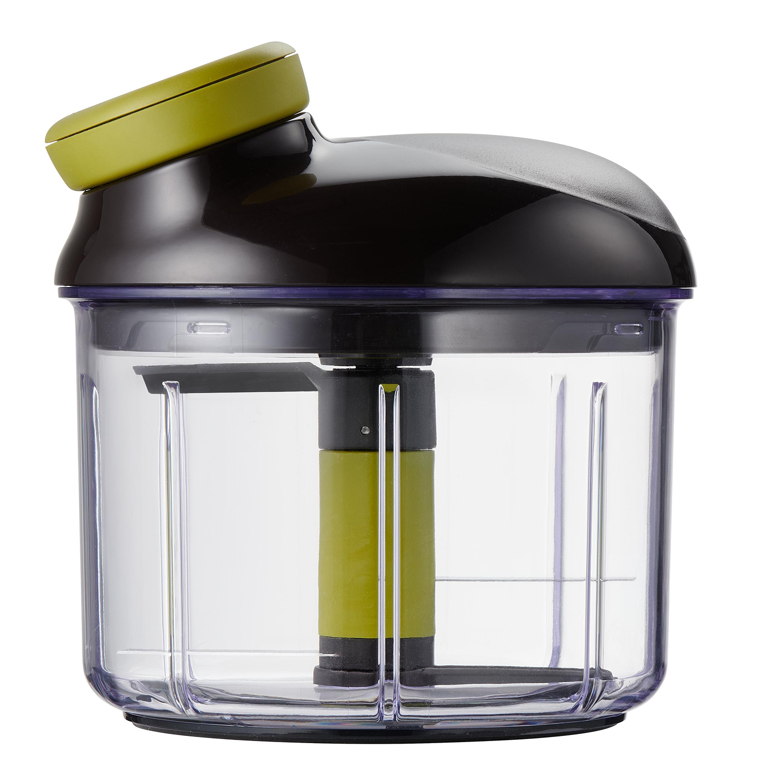 Black and clear food chopper with green handle.