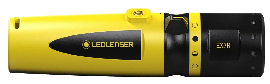 Sárga-fekete LEDLENSER EX7R zseblámpa. Robusztus, hengeres kialakítás gombokkal.