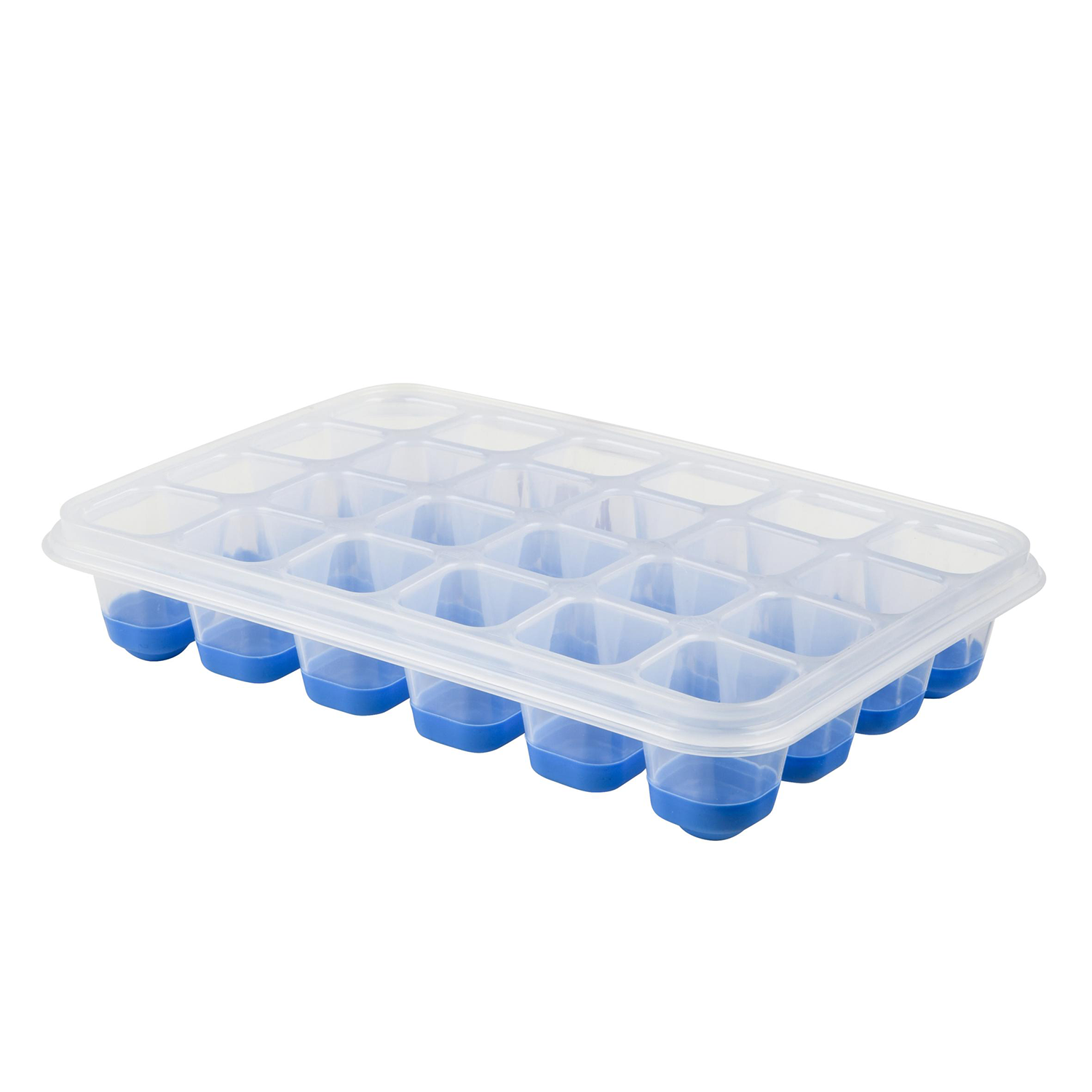 Een doorzichtige plastic ijsblokjeshouder met blauwe bodems in elke kubusvorm. De houder is rechthoekig.