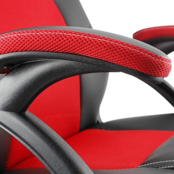 Piros-fekete gamer szék karfa. Piros háló és fekete műanyag karfa. Fehér varrás.
