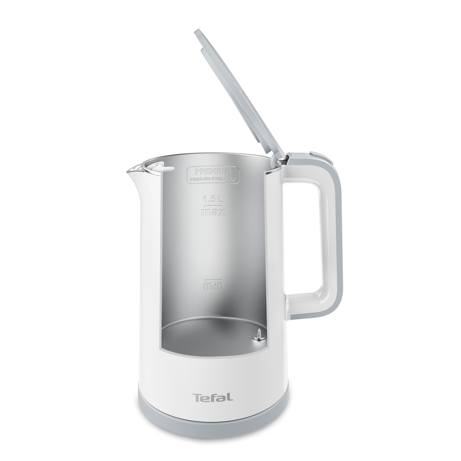 Een witte waterkoker met grijze handgreep, deksel open, binnenkant zichtbaar.