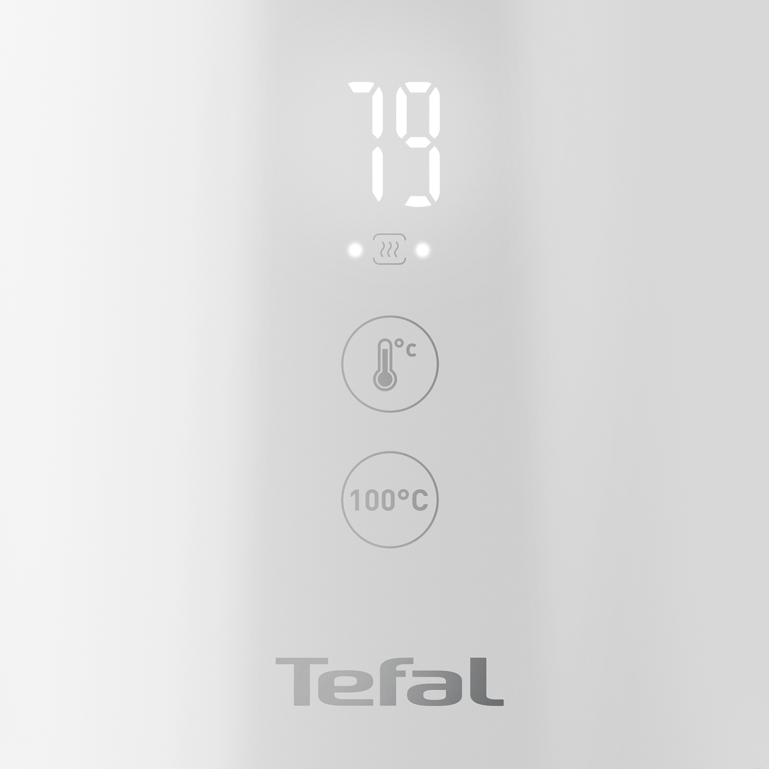 Wit digitaal display met '79' en temperatuursymbolen. Merk 'Tefal' staat onderaan.
