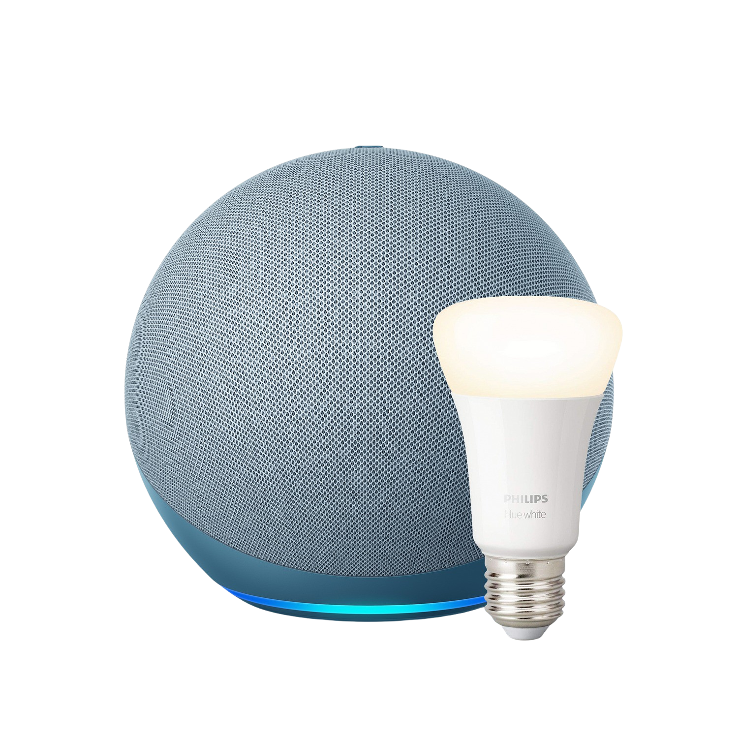 Un altavoz inteligente azul junto a una bombilla inteligente Philips Hue blanca. El fondo es negro.