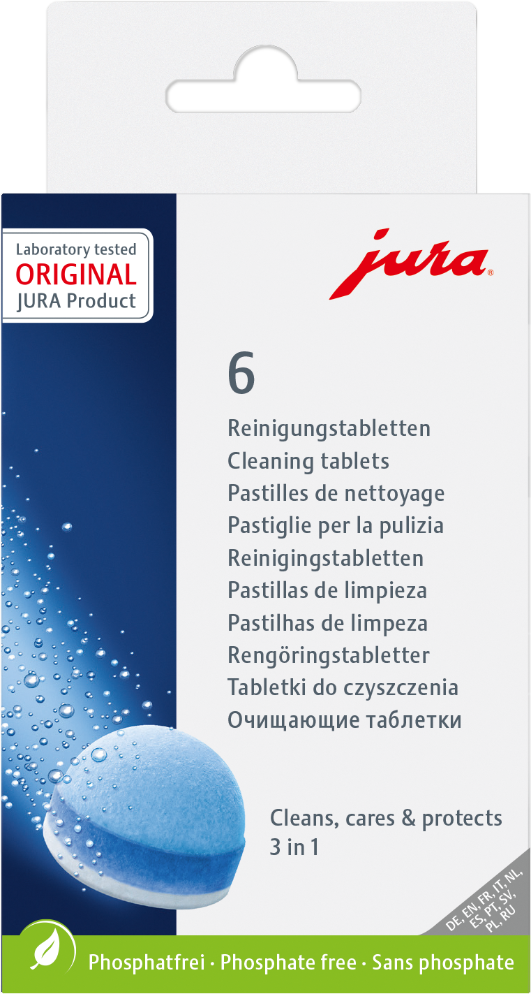 Box of Jura cleaning tablets. Text and blue tablets are visible. White and green colors.