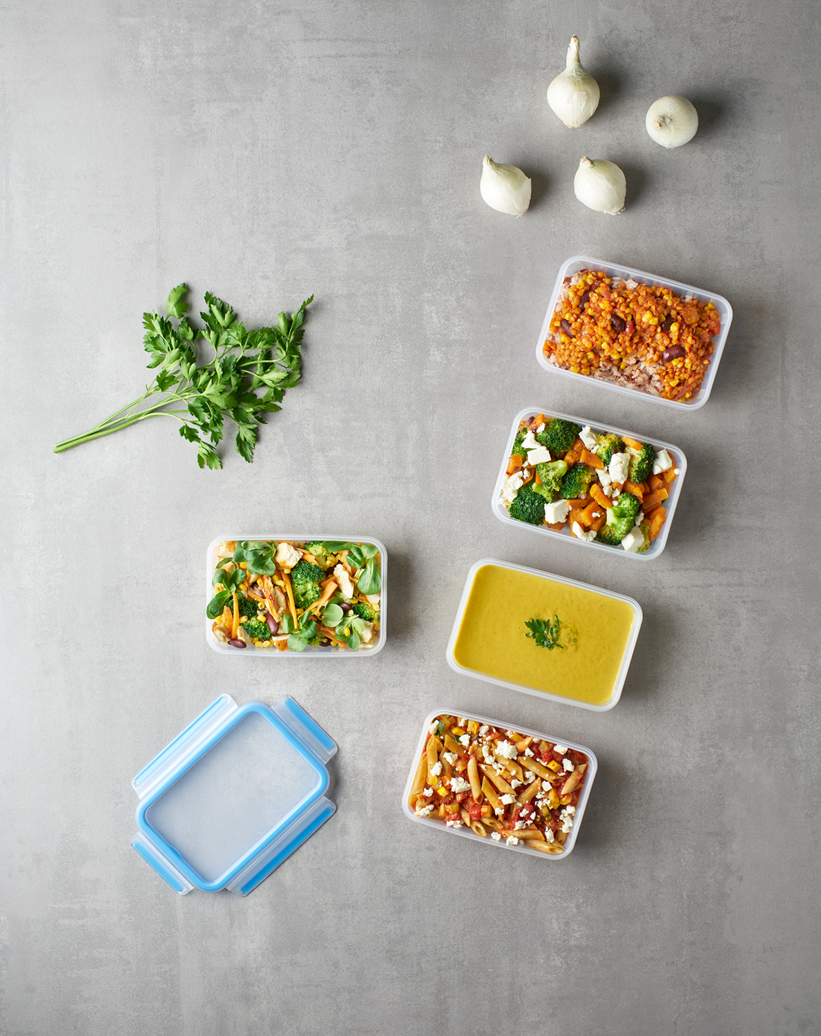 Overhead shot of food containers with various prepared meals and herbs.