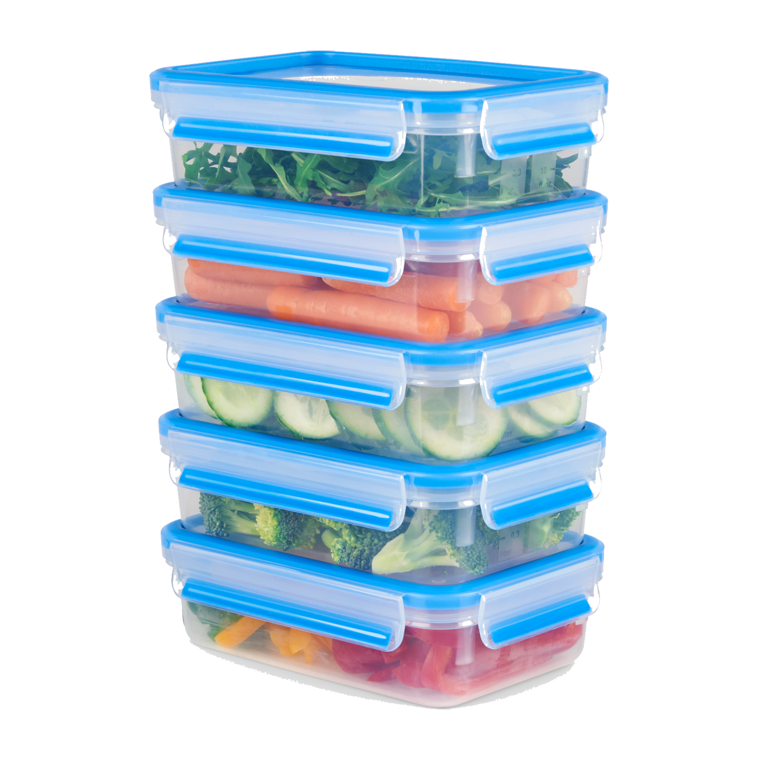 Stack of clear food containers filled with vegetables, with blue lids.