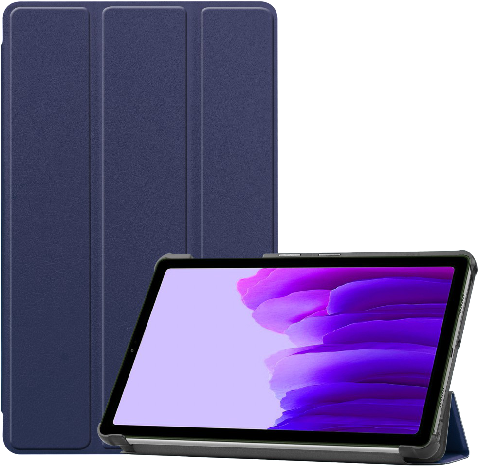 Kék tablettok, benne tablettel. A tablet lila képernyőt mutat.