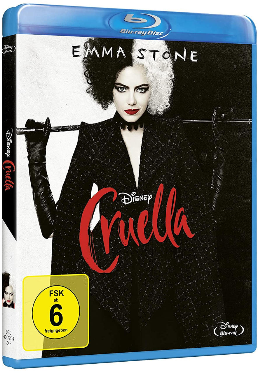 Das Blu-ray-Cover von 'Cruella'. Emma Stone ist auf dem Cover mit Cruellas schwarz-weißem Haar zu sehen.