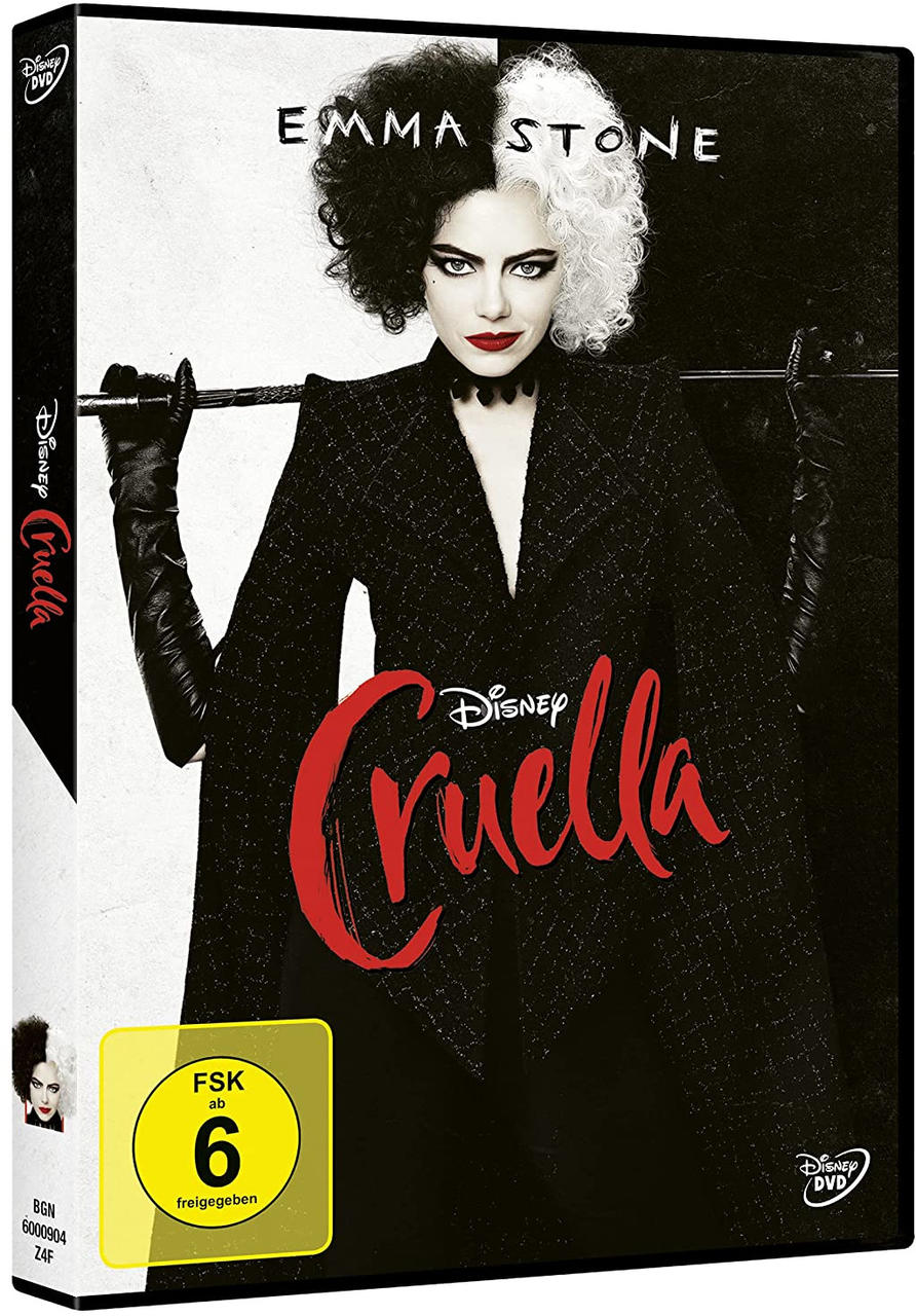 DVD-Hülle von 'Cruella' mit Emma Stone. Das Cover ist schwarz-weiß mit rotem Titel.