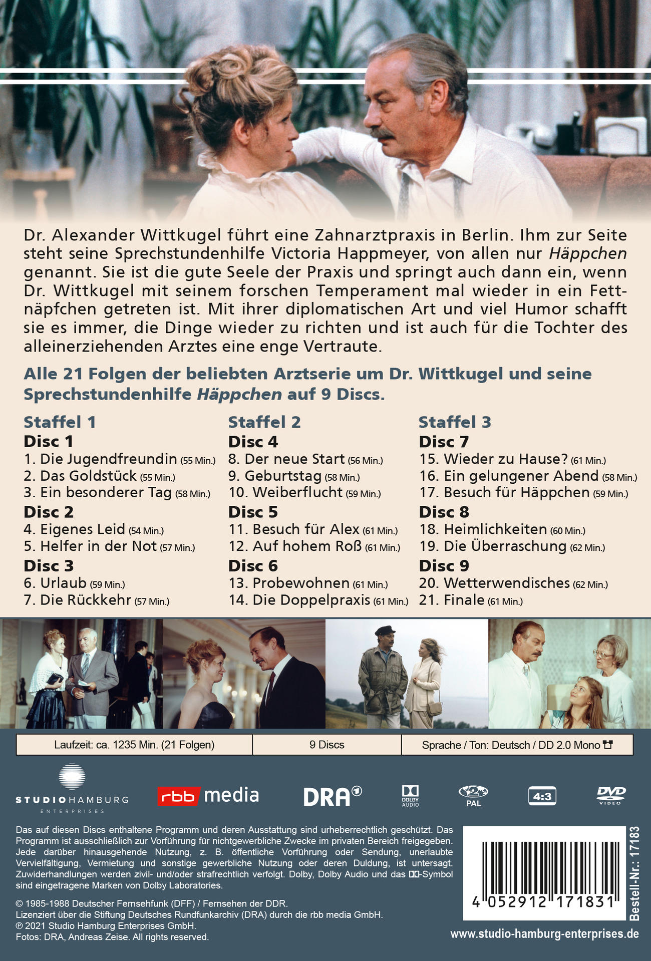 Rückseite einer DVD-Hülle mit deutschem Text über einen Arzt und eine Frau, Episodenliste.