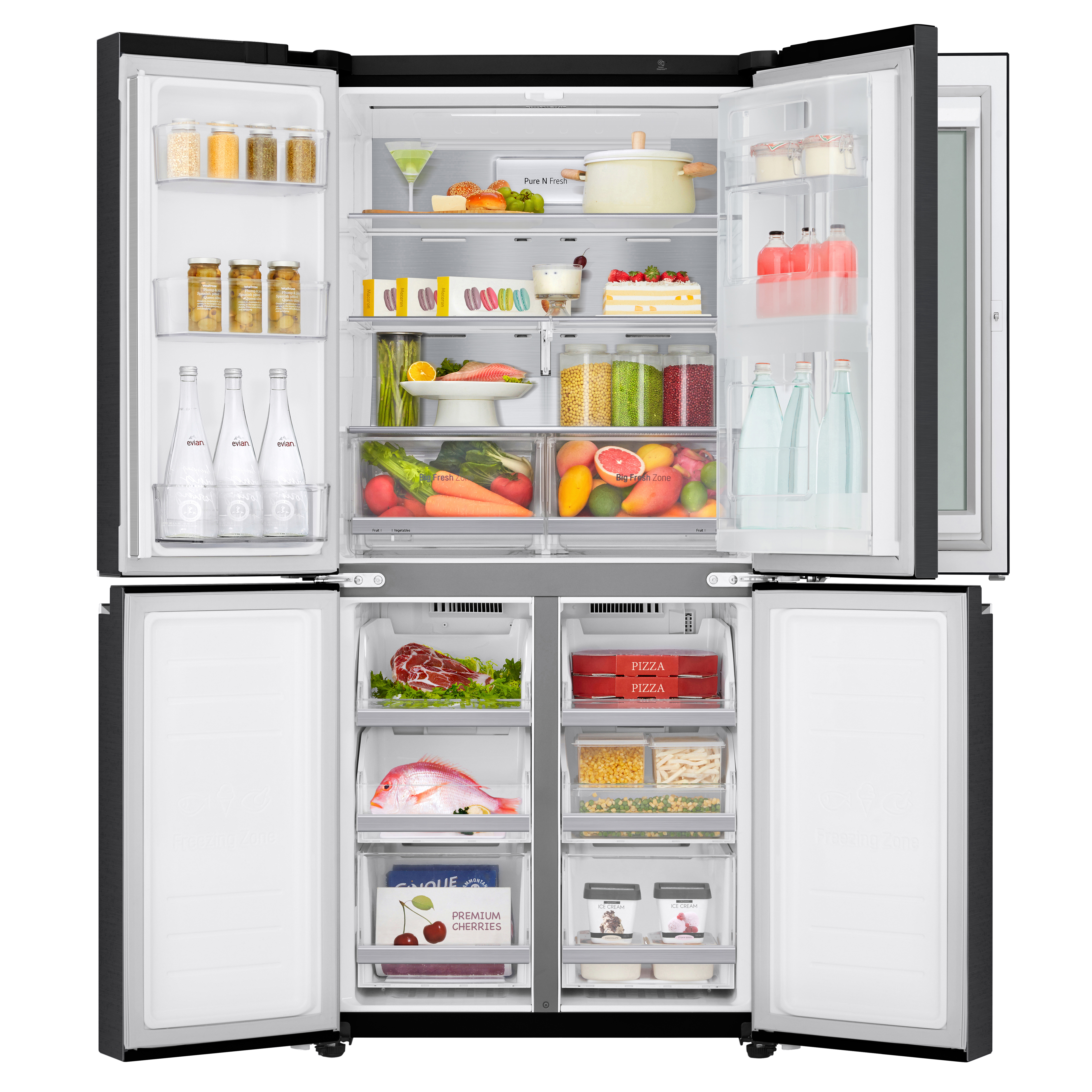 Kühlschrank mit offenen Türen. Innenraum mit Essen und Getränken, schwarzes Äußeres.
