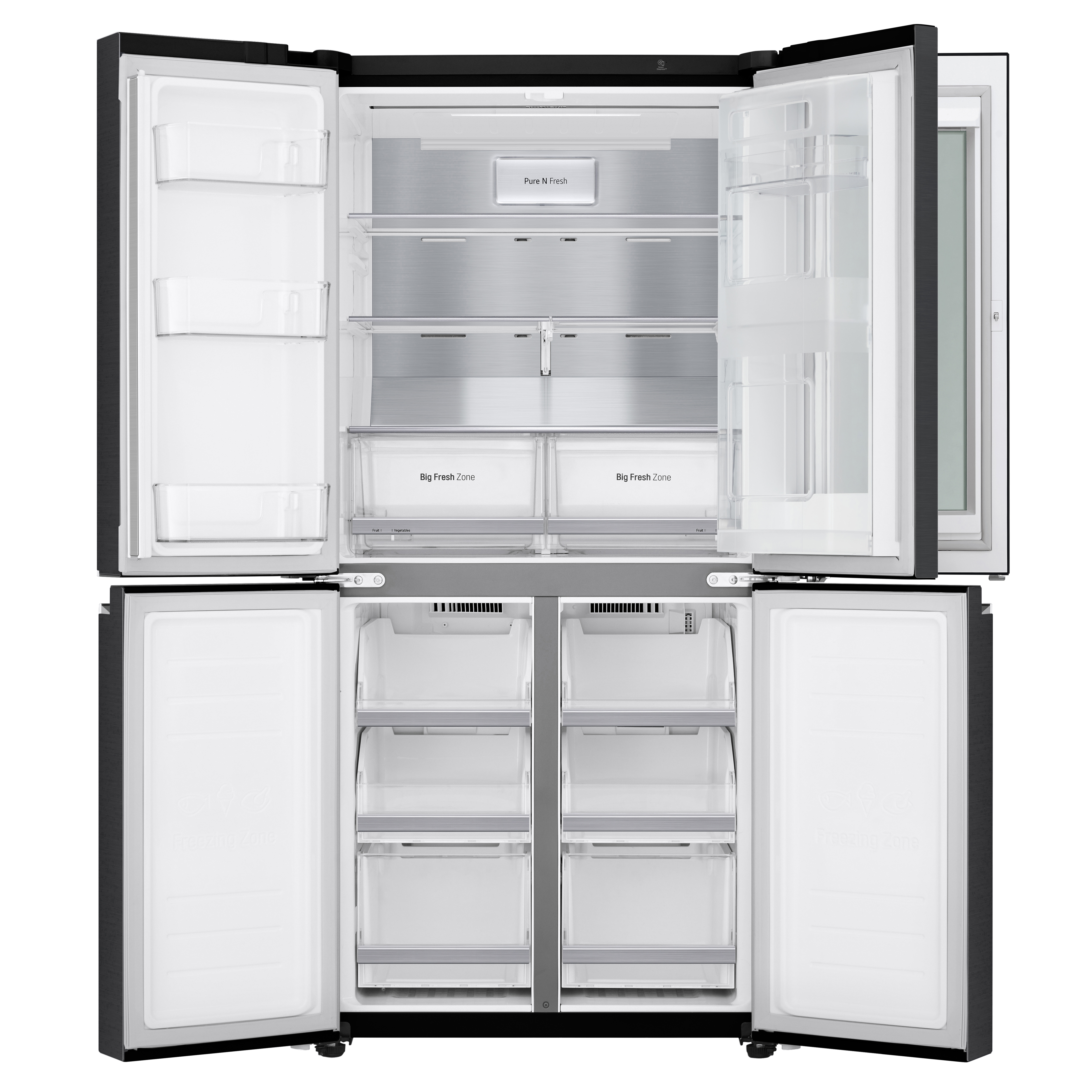 Schwarzer Kühlschrank mit vier offenen Türen. Innenregale sichtbar.