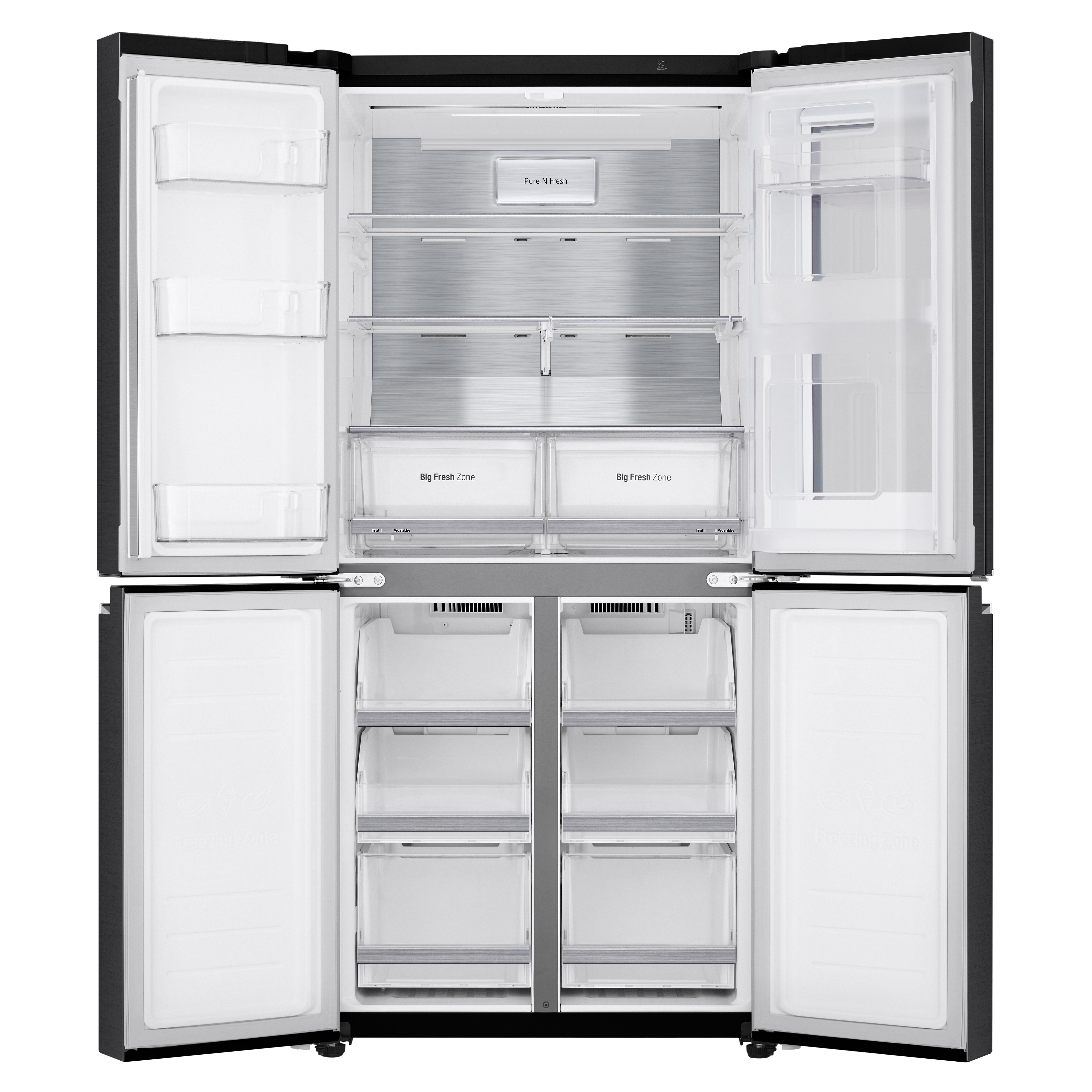 Ein schwarzer Kühlschrank mit offenen Türen, der Regale und Schubladen zeigt.