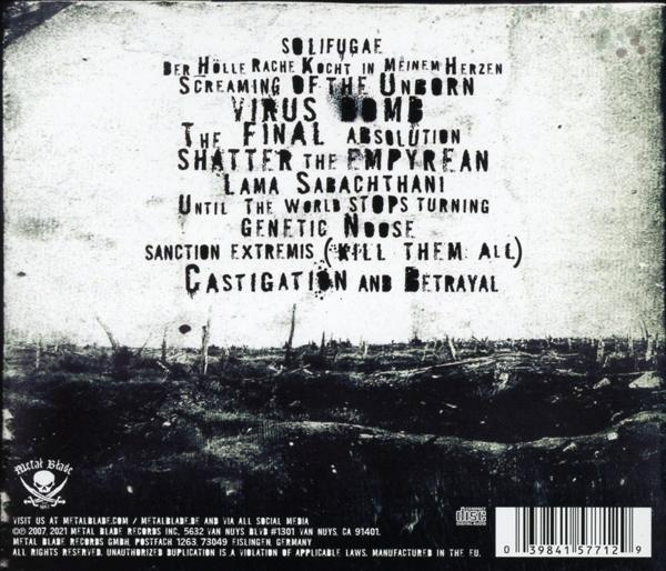Albumcover mit Text über einer kriegszerstörten Landschaft, mit einem Metallschädel-Logo.