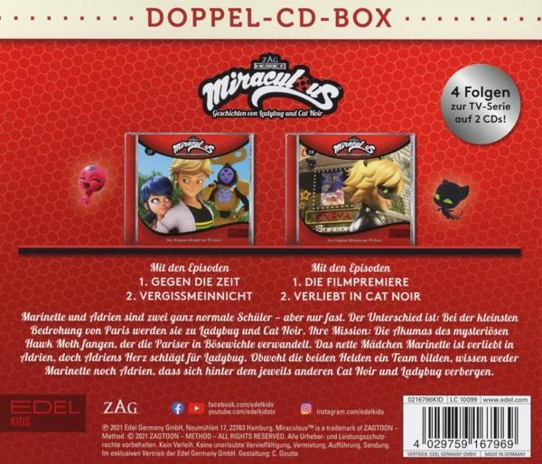 Miraculous Doppel-CD-Box-Set mit Zeichentrickfiguren und Text auf rotem Hintergrund.