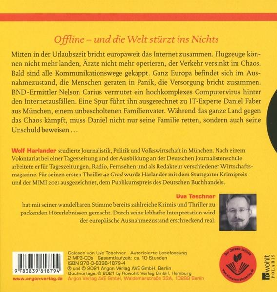 Buchcover mit deutschem Text. Titel: Offline – und die Welt stürzt ins Nichts. Foto des Autors unten.
