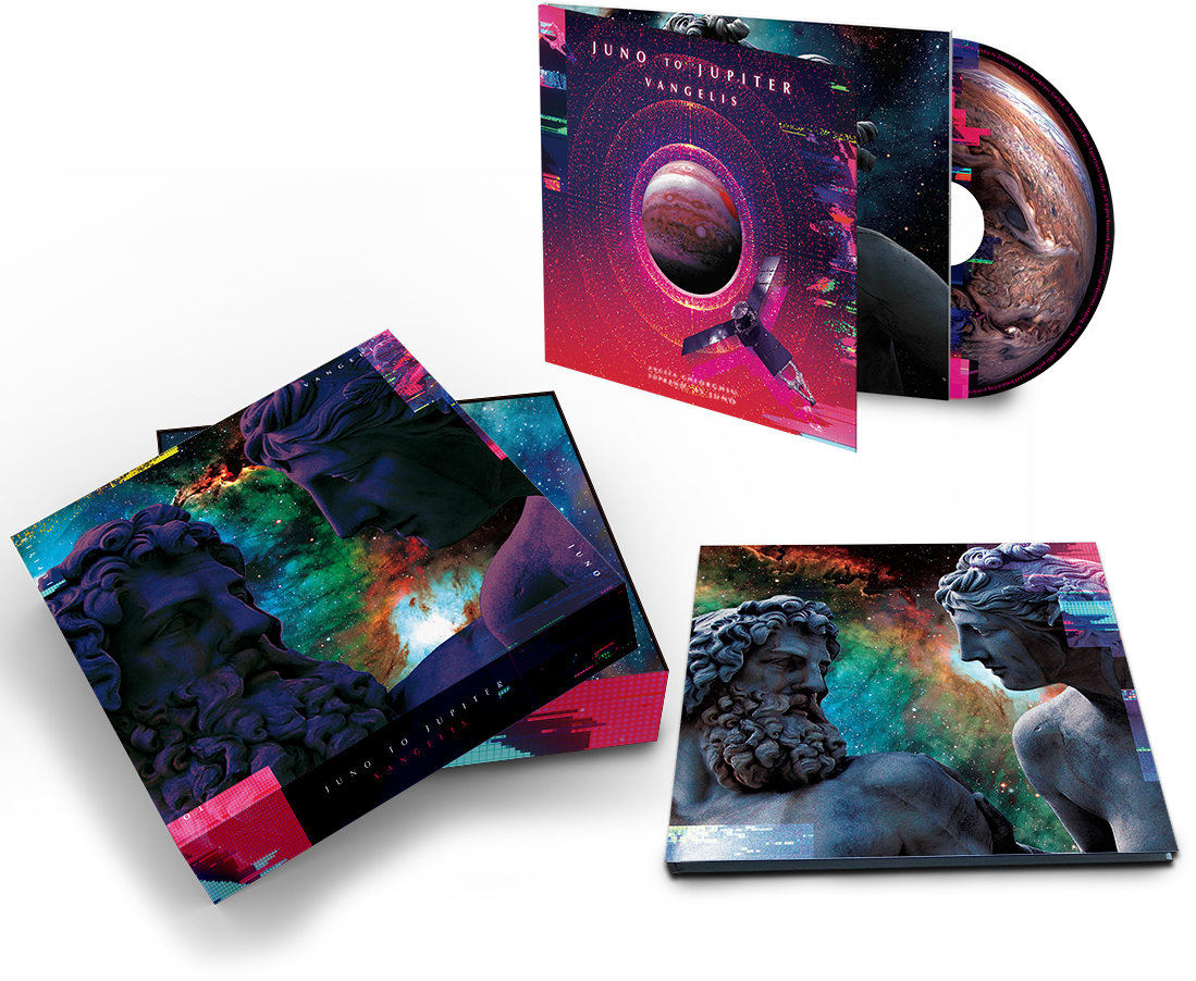 A Juno to Jupiter album borítója. Szobrokat és Jupiter űrfotókat mutat. Élénk színek, piros, kék és lila.