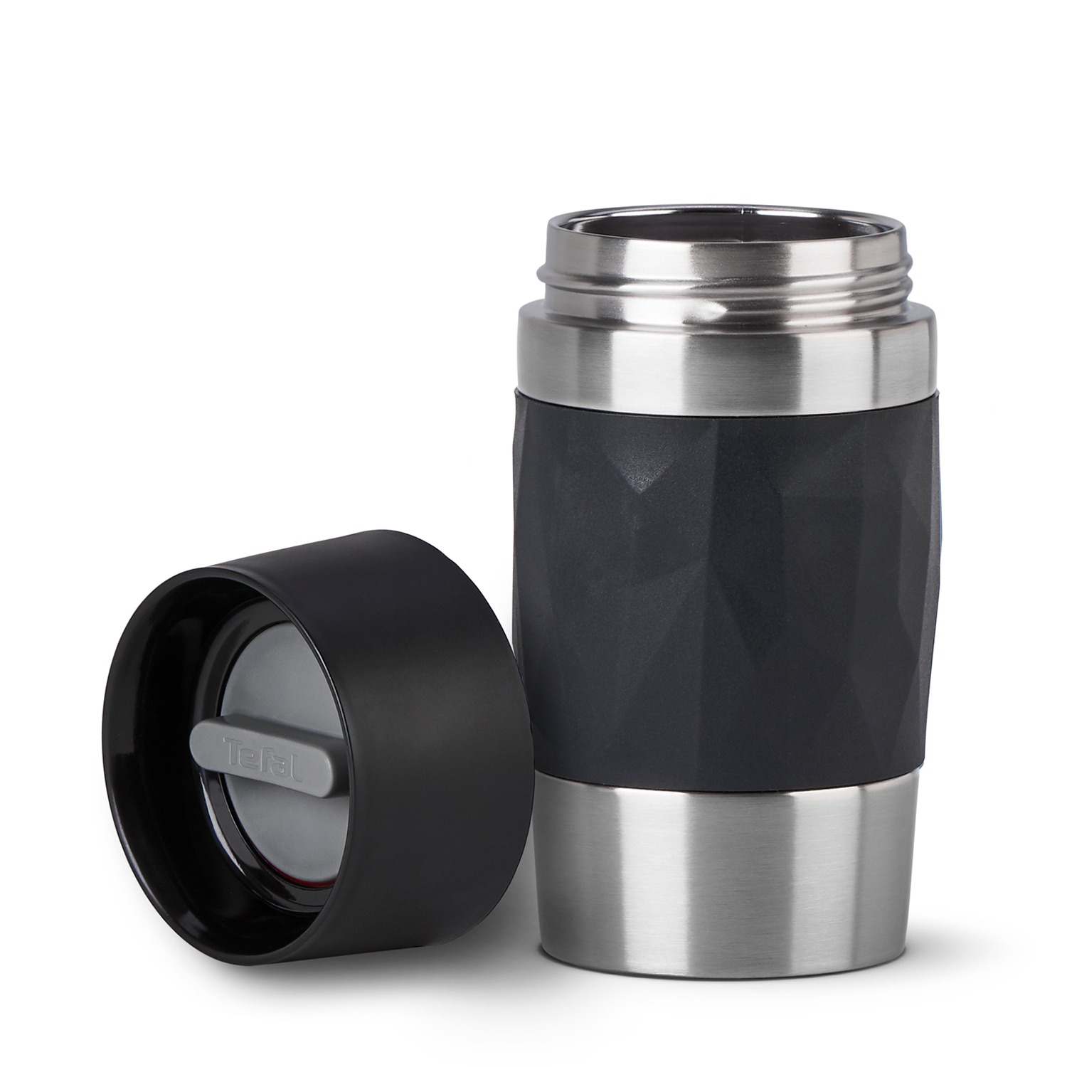 Black and silver insulated travel mug with lid open. Black handle. White background.