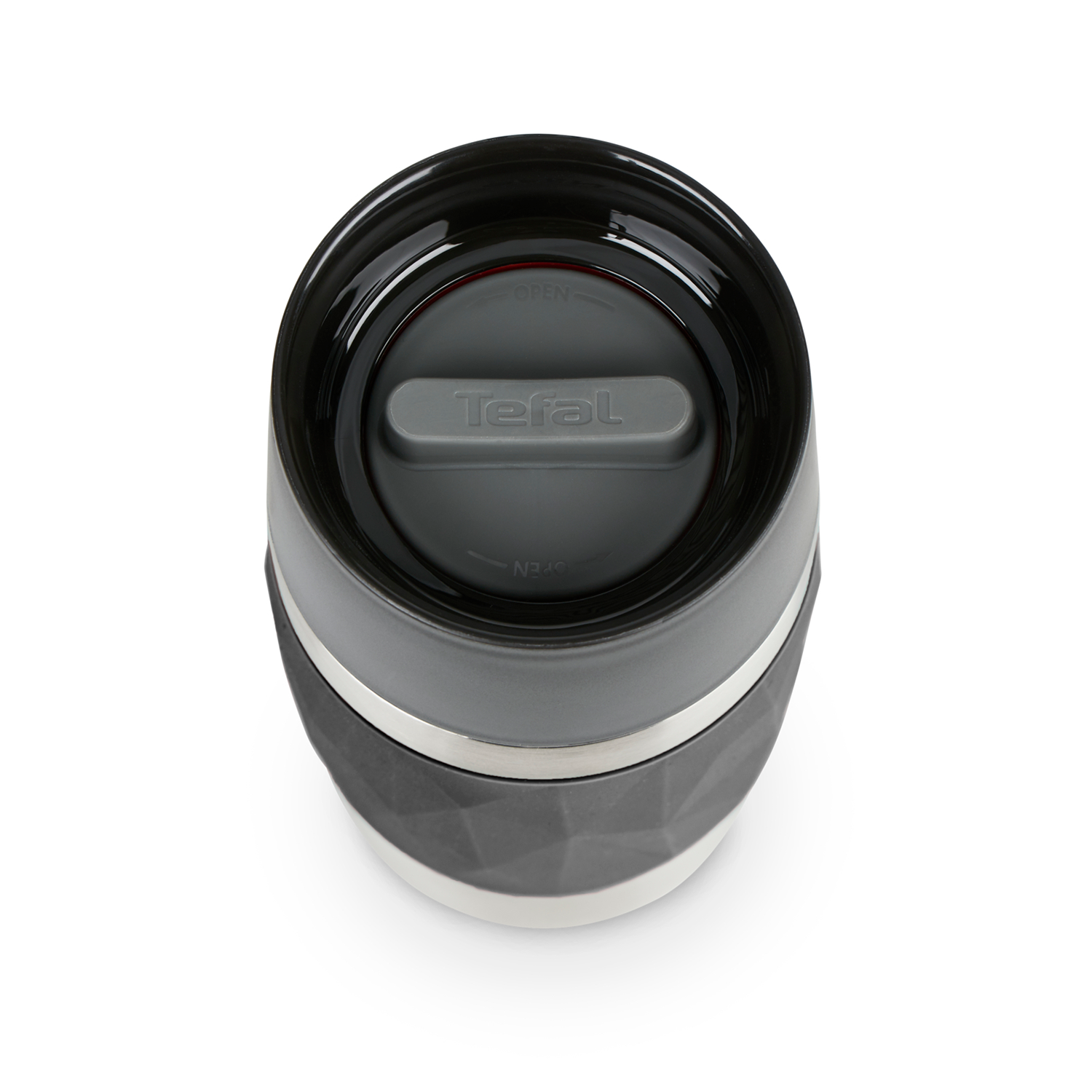 Black and gray travel mug with lid open, Tefal logo visible.