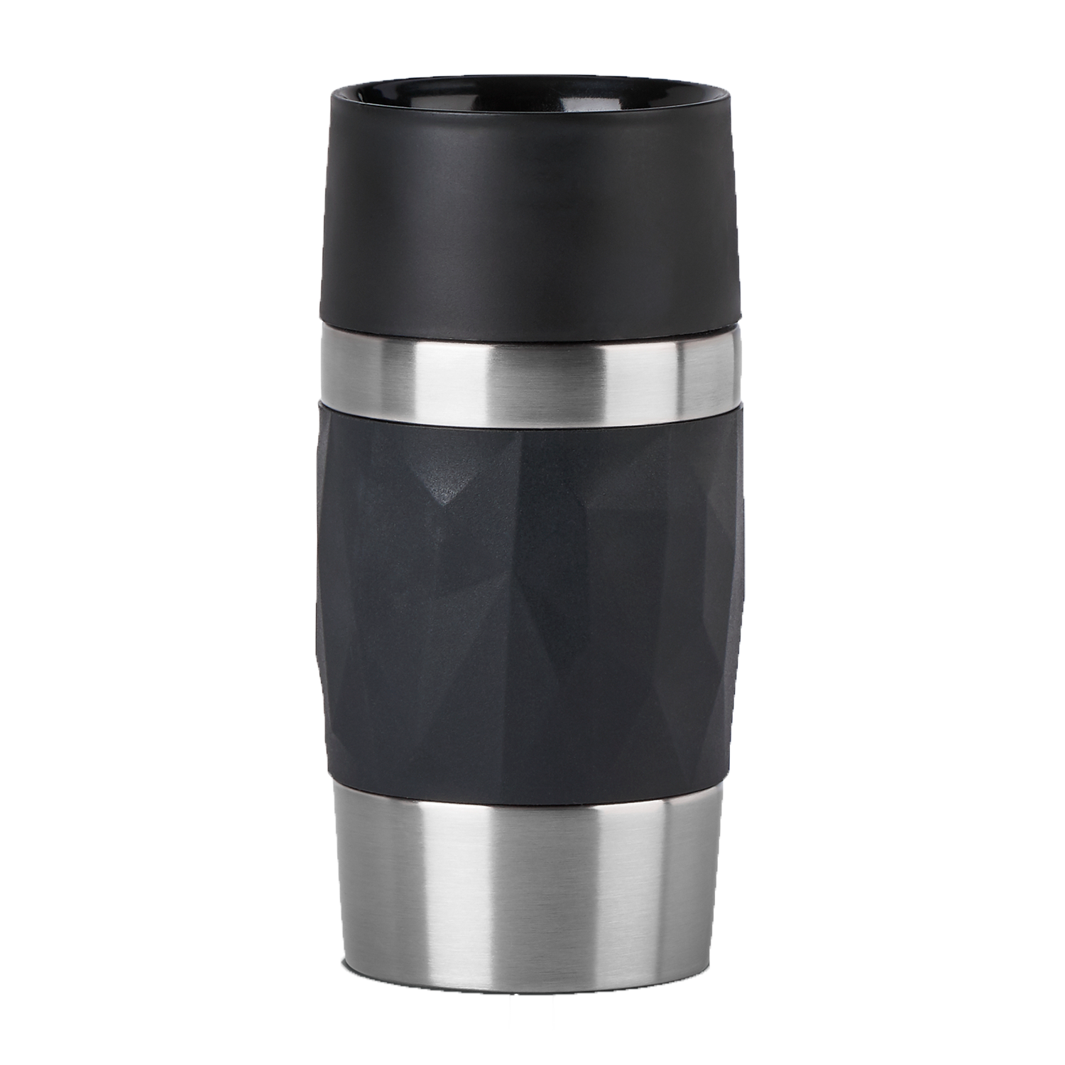 A black travel mug with a stainless steel band and a black lid.