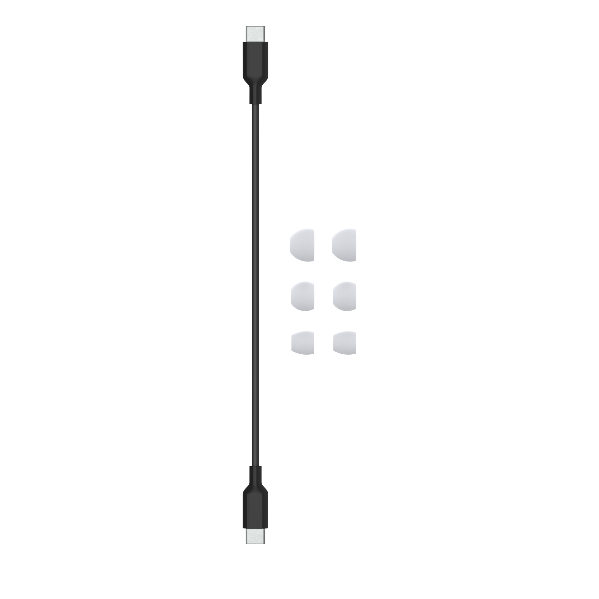 Siyah USB-C kablosu ve üç beyaz kulak ucu.