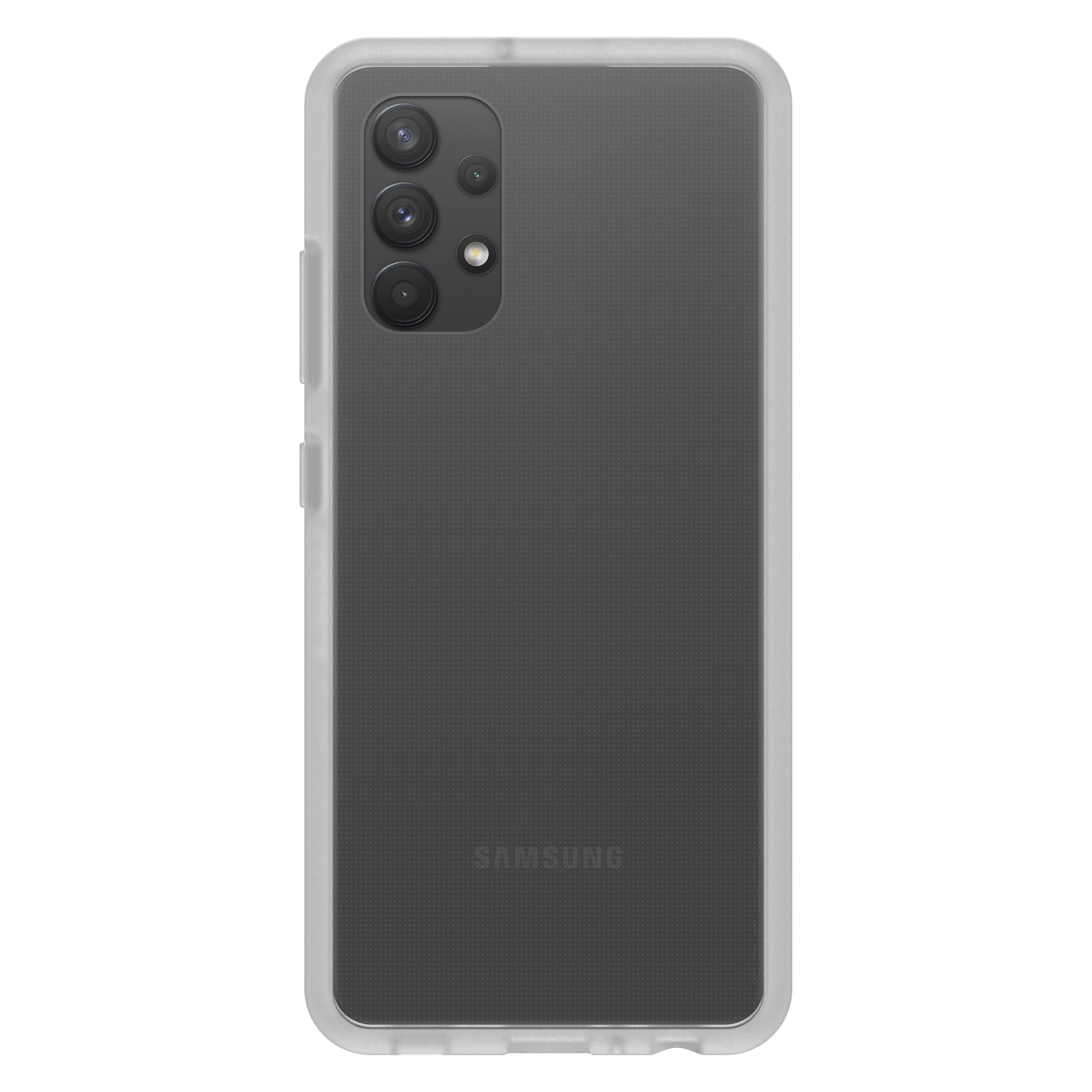 Telefon mit transparenter Hülle, Rückansicht. Drei Kameras, ein dunkelgrauer Rücken mit Samsung-Logo.