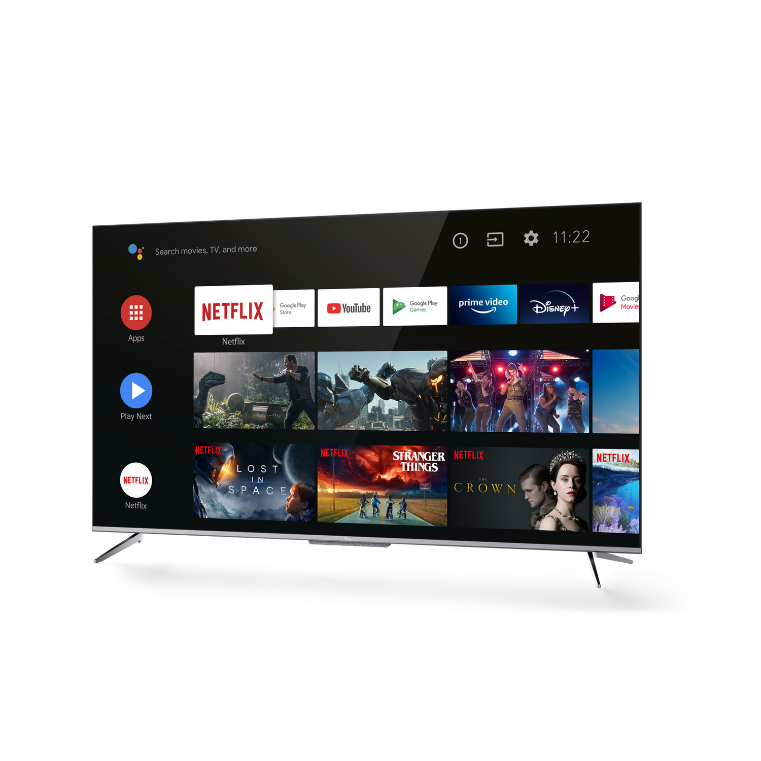 Un televisor moderno muestra una interfaz de TV inteligente con aplicaciones. Fondo blanco.