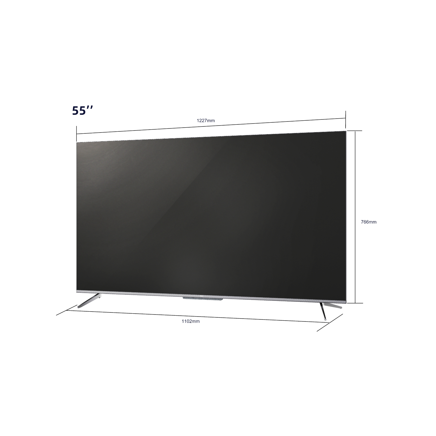 Un televisor de 55" con pantalla negra, marco plateado y medidas. Fondo blanco.
