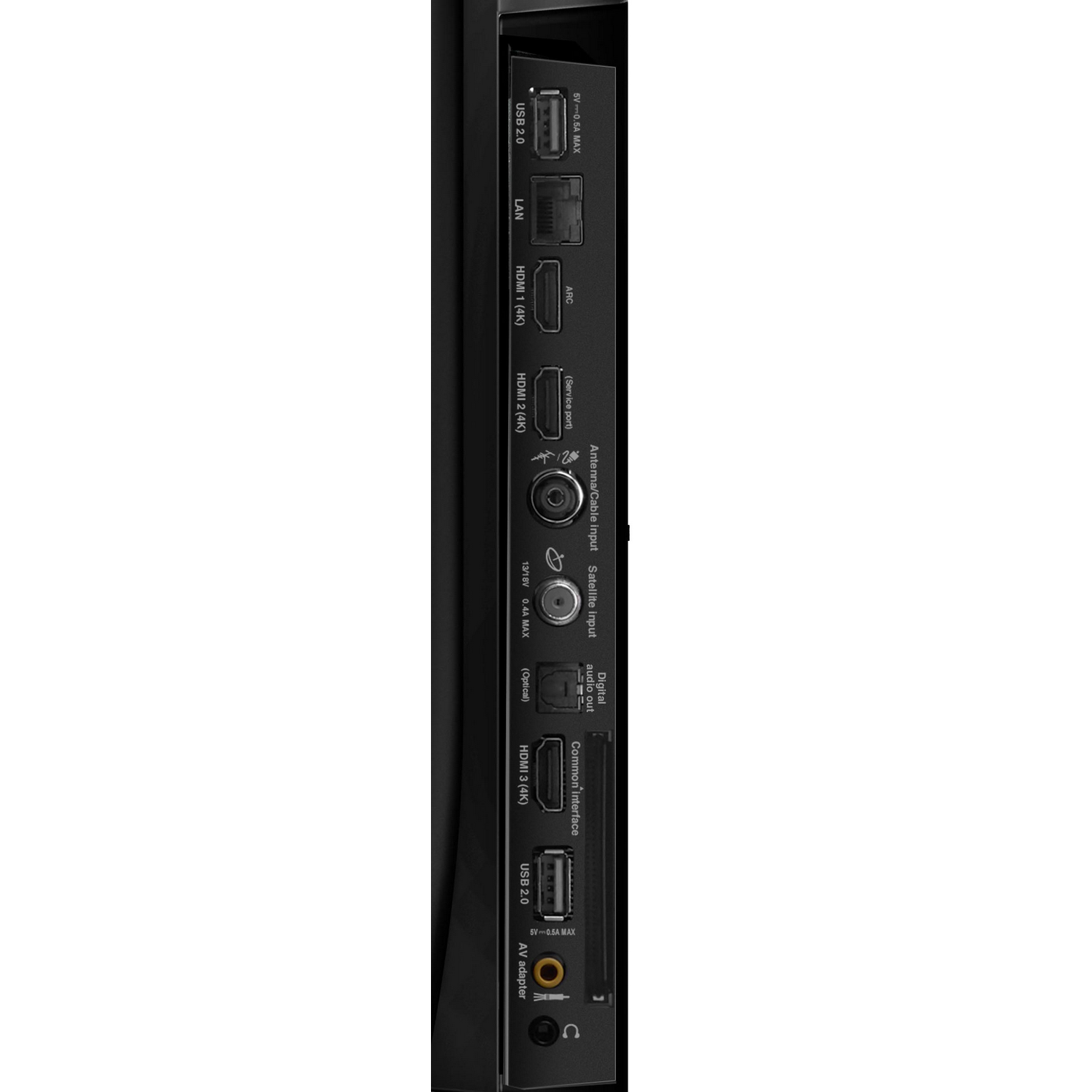Panel trasero de un televisor negro, mostrando puertos, con etiquetas, sobre un fondo blanco.