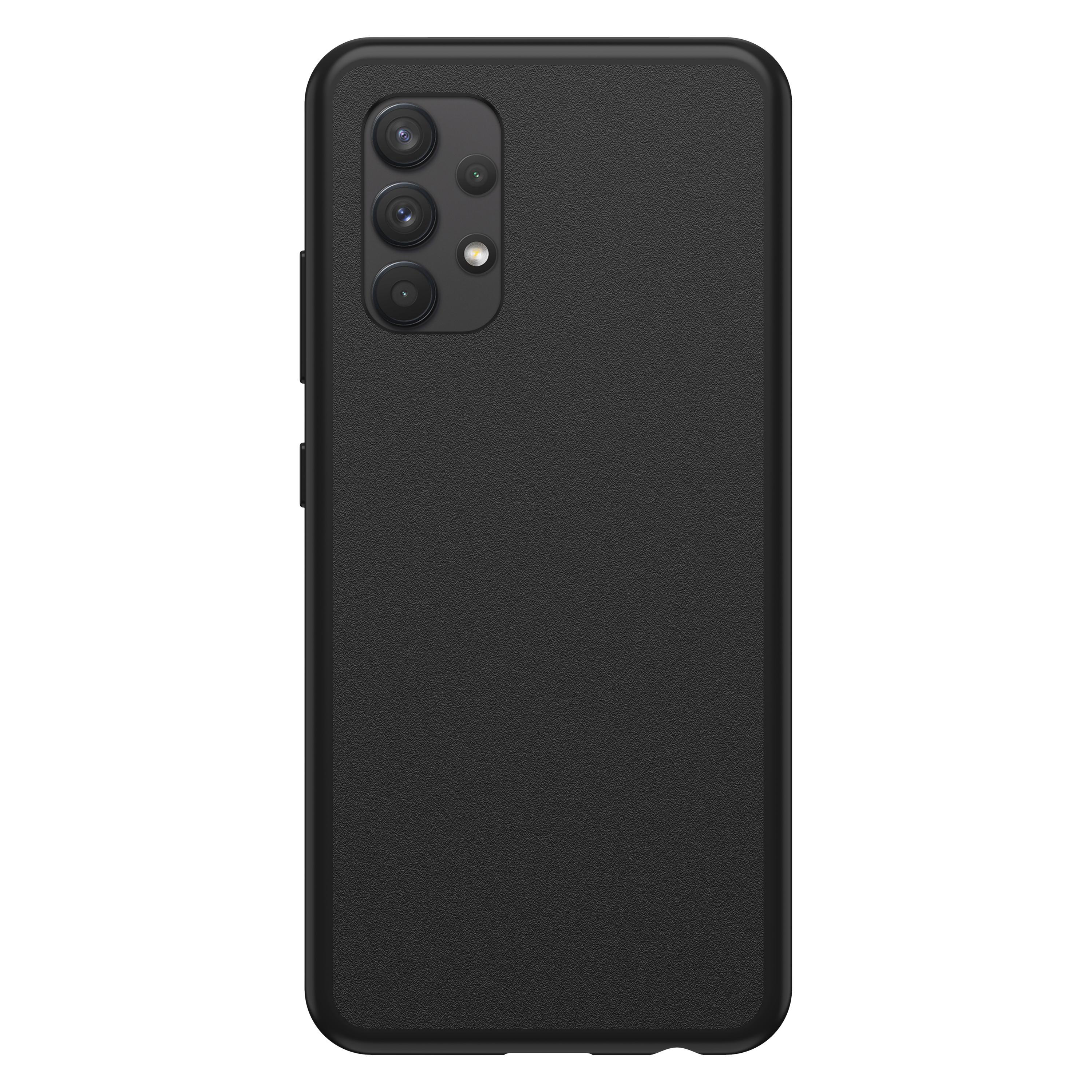 Schwarzes Smartphone mit Dreifachkamera und schwarzer strukturierter Rückseite.