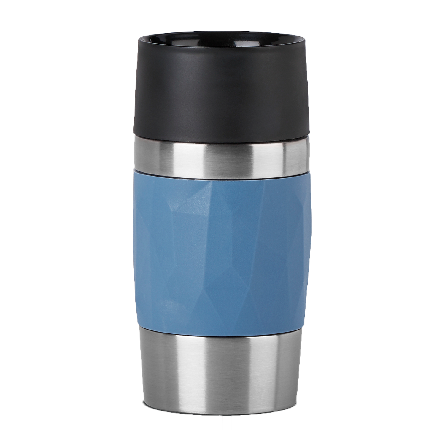 A blue and silver travel mug with a black lid.