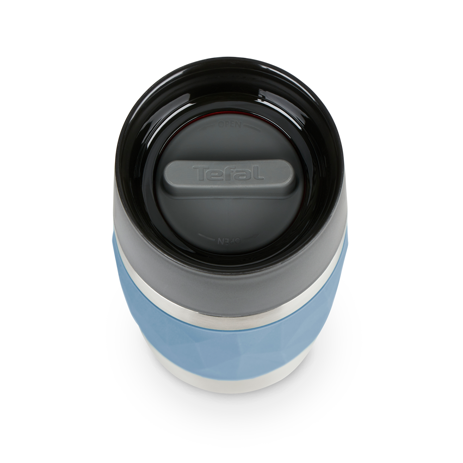 Tefal travel mug, top view, with open lid.