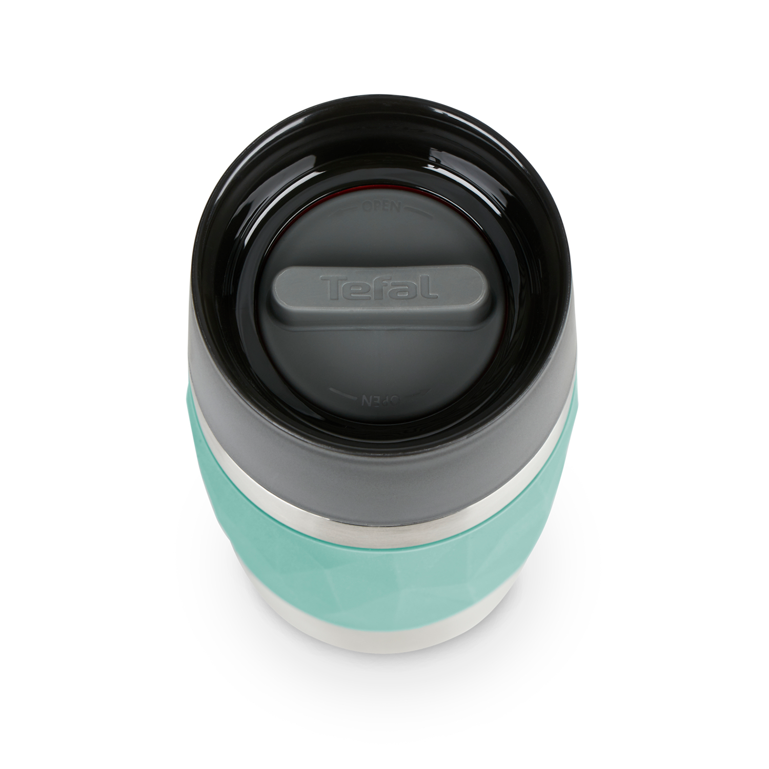 A teal, gray, and white travel mug. The top is open, showing a black interior.