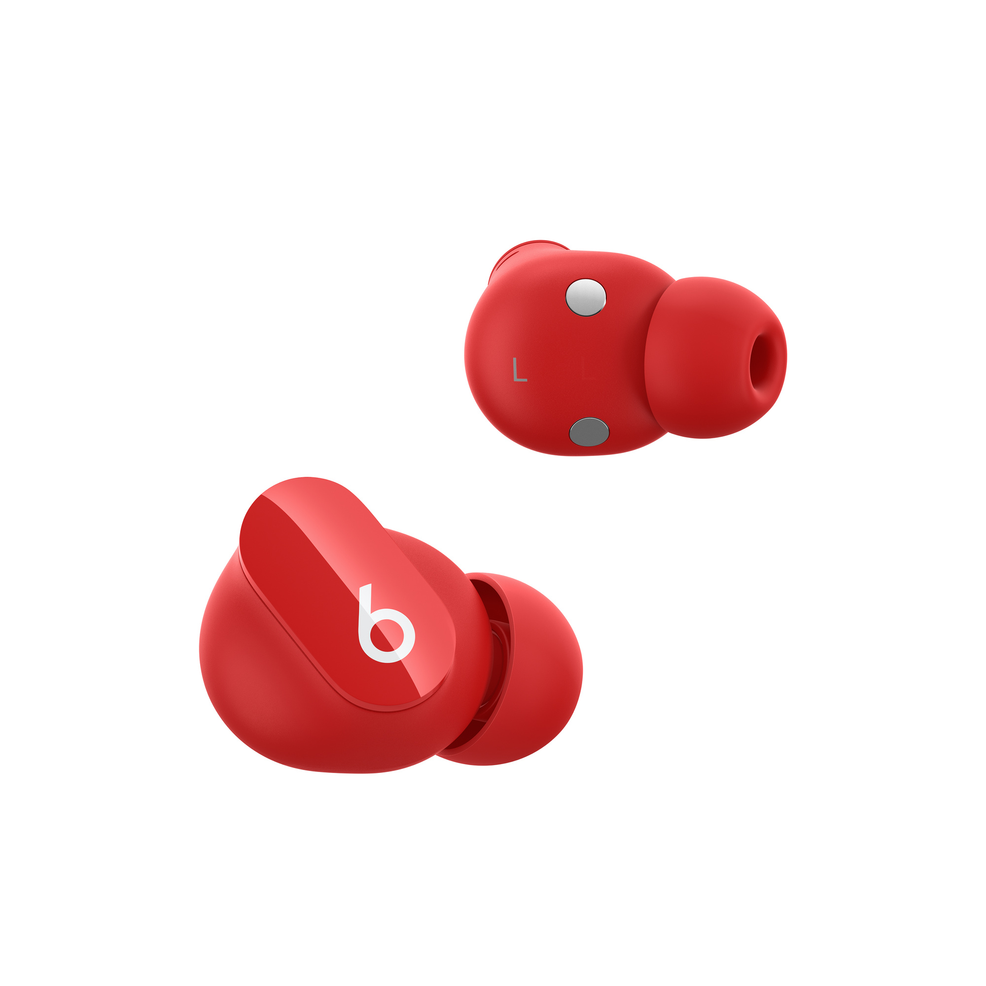 Kırmızı Beats Studio Buds, iki kulaklık. Kulaklıklar beyaz bir arka plan üzerinde gösteriliyor.