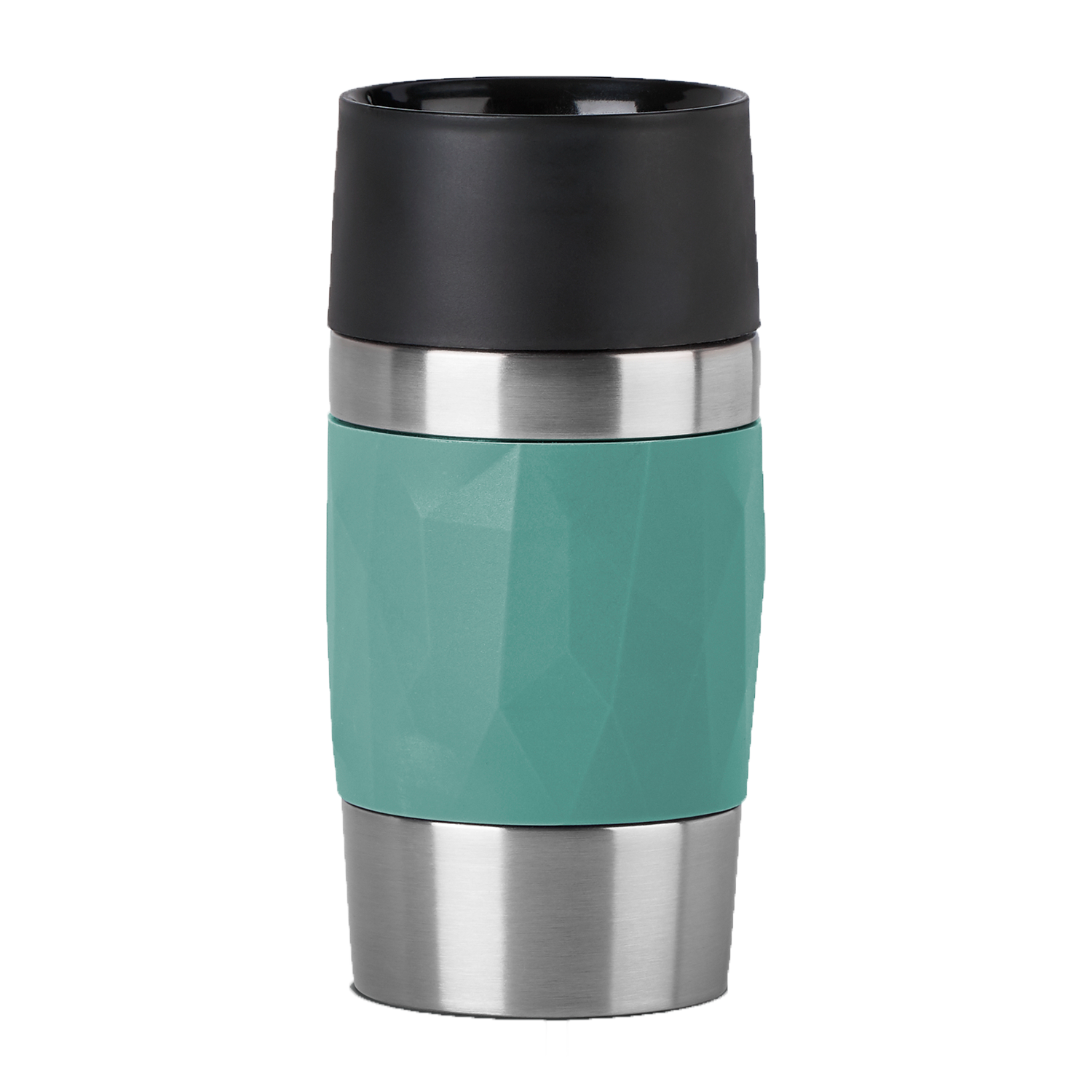 A teal and black insulated travel mug. The teal band has a textured, geometric pattern.