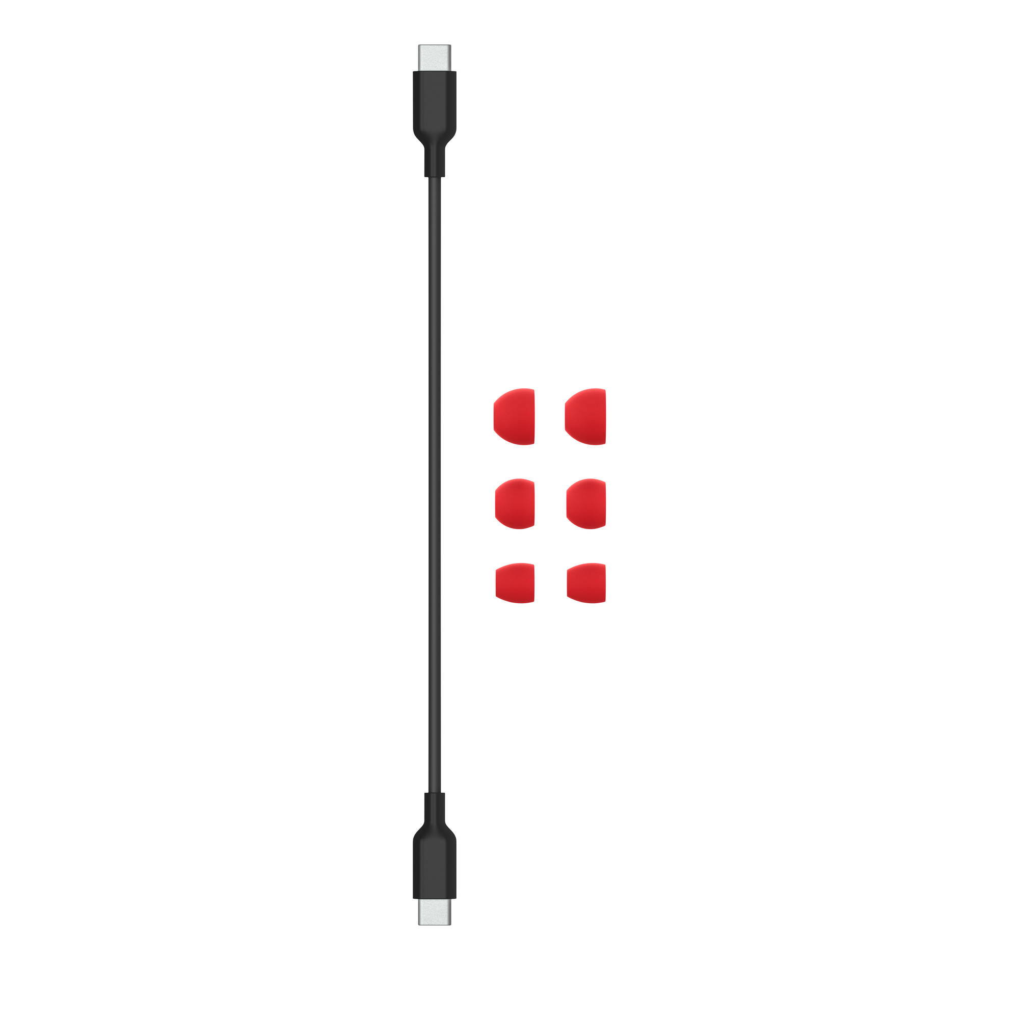 Siyah konektörlü ve kırmızı kulaklık uçlu USB-C kablosu. Beyaz zemin.