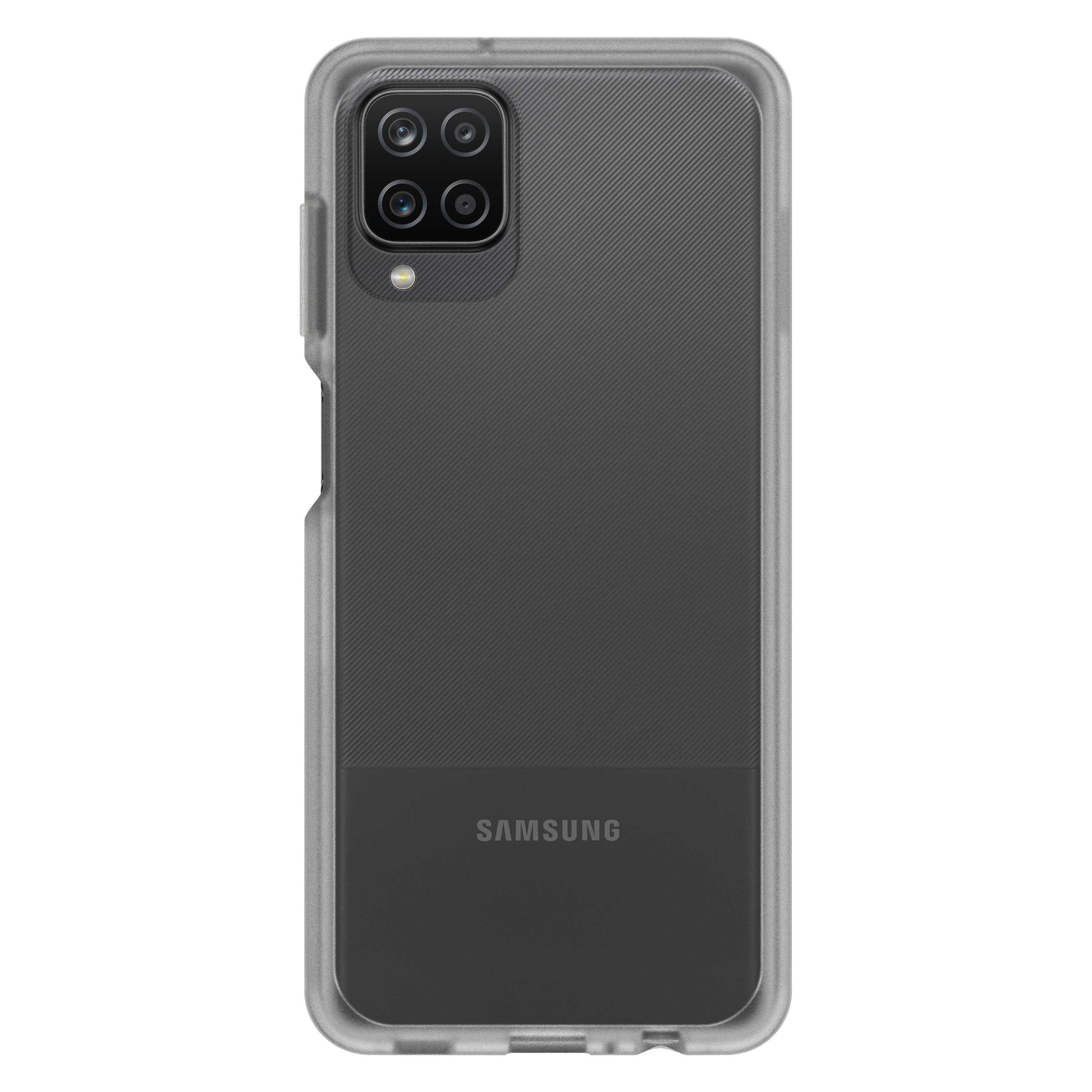 Schwarzes Telefon in einer transparenten Hülle, mit strukturierter Rückseite und Samsung-Logo.