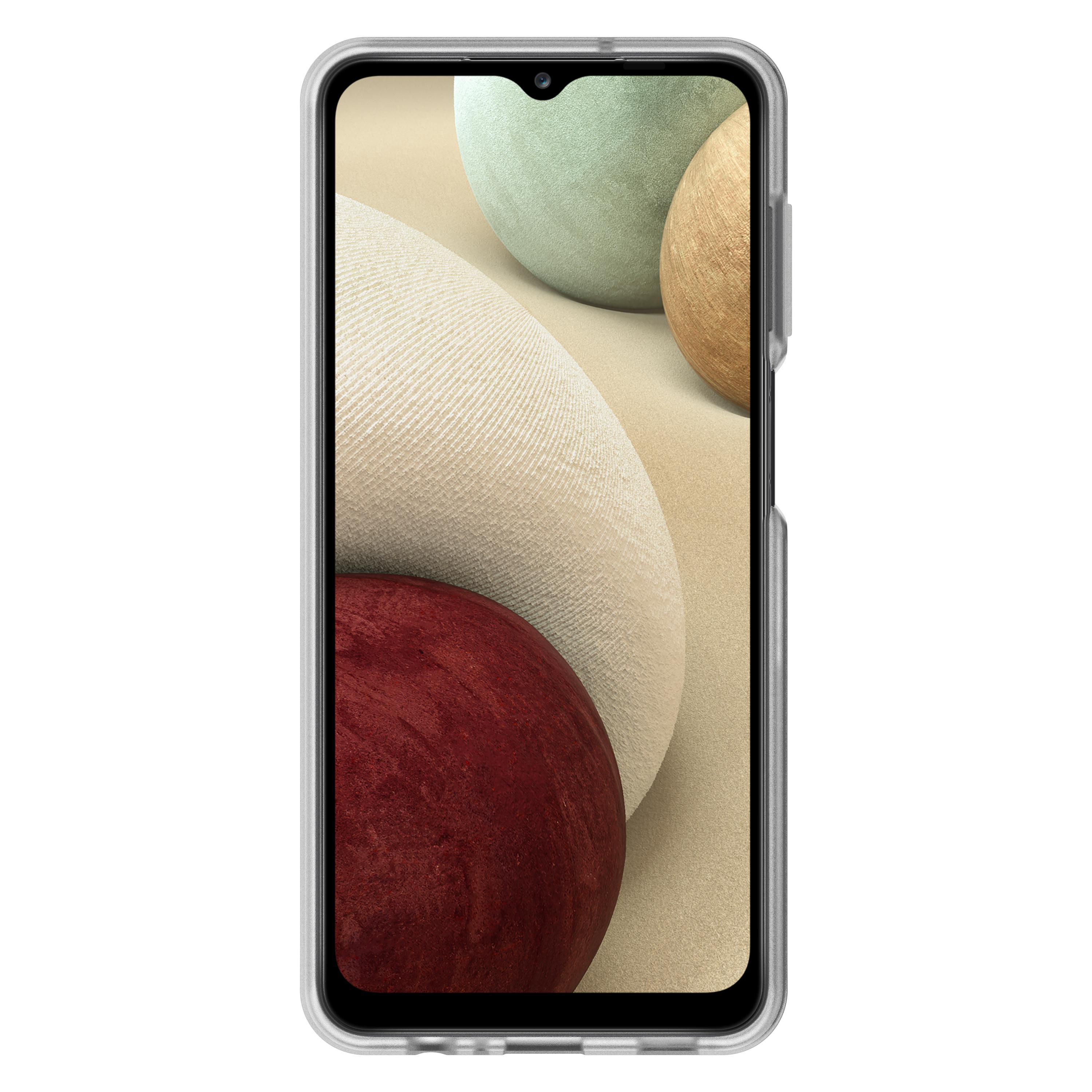 Smartphone mit durchsichtiger Hülle, die abstrakte, farbige Formen zeigt.