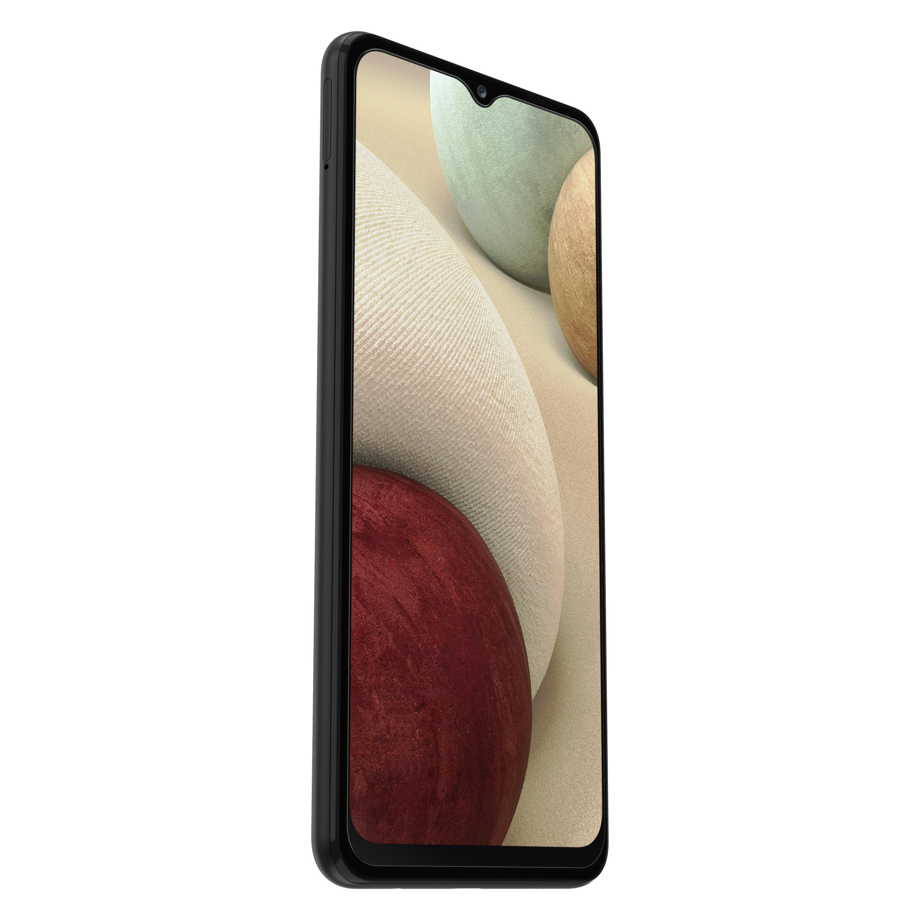 Ein schwarzes Telefon mit einem gebogenen Bildschirm und cremefarbenem und rotem Design.