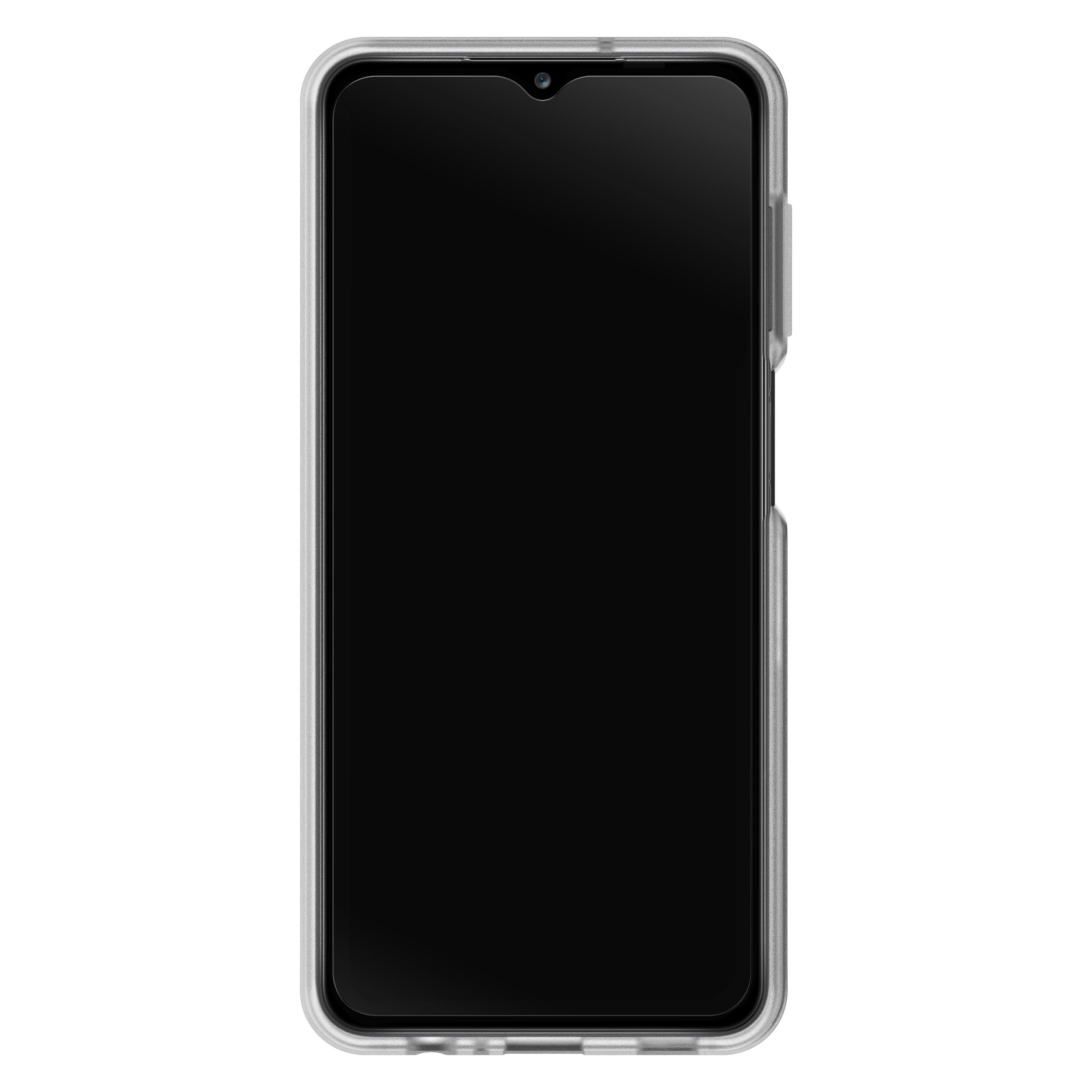 Ein Telefon in einer transparenten Hülle, der Bildschirm ist schwarz, Kamera oben.