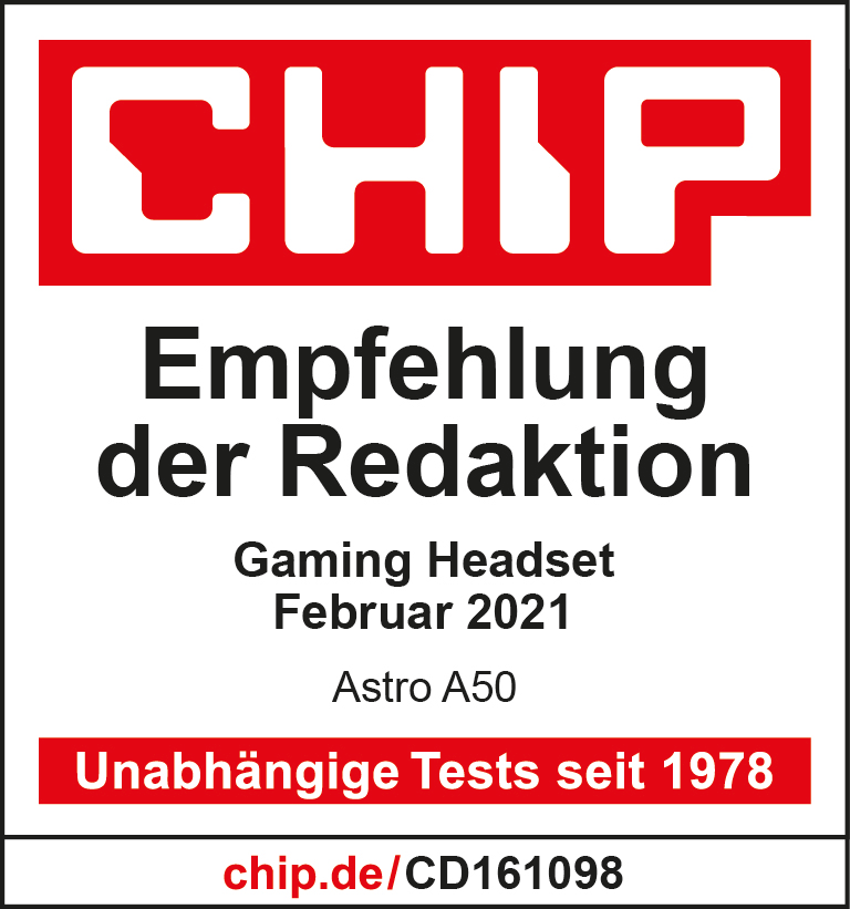 Un autocollant de recommandation du magazine CHIP rouge et blanc avec du texte en allemand, Astro A50 et un lien.