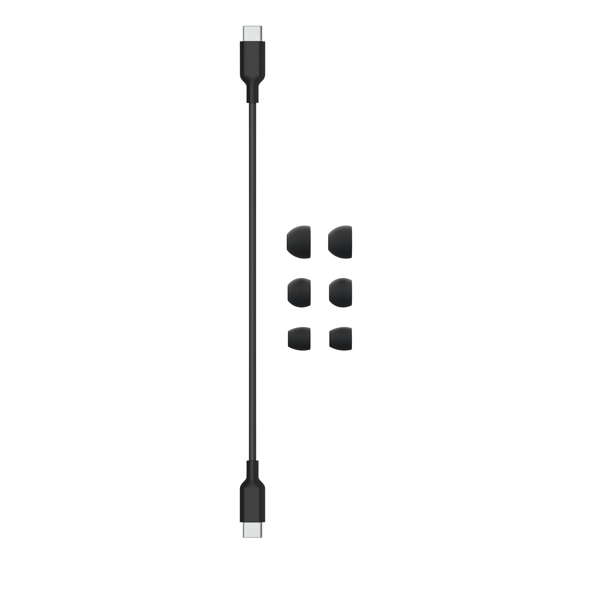 Beyaz arka planda siyah USB-C kablosu ve kulaklık uçları.
