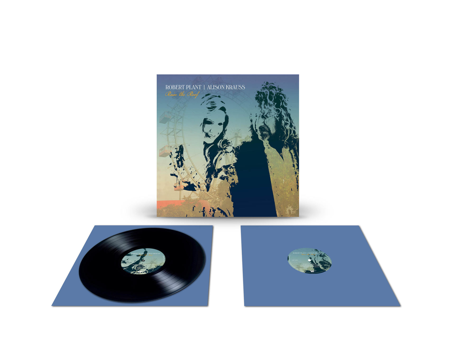 Albumcover mit Robert Plant und Alison Krauss sowie zwei Vinyl-Schallplatten.