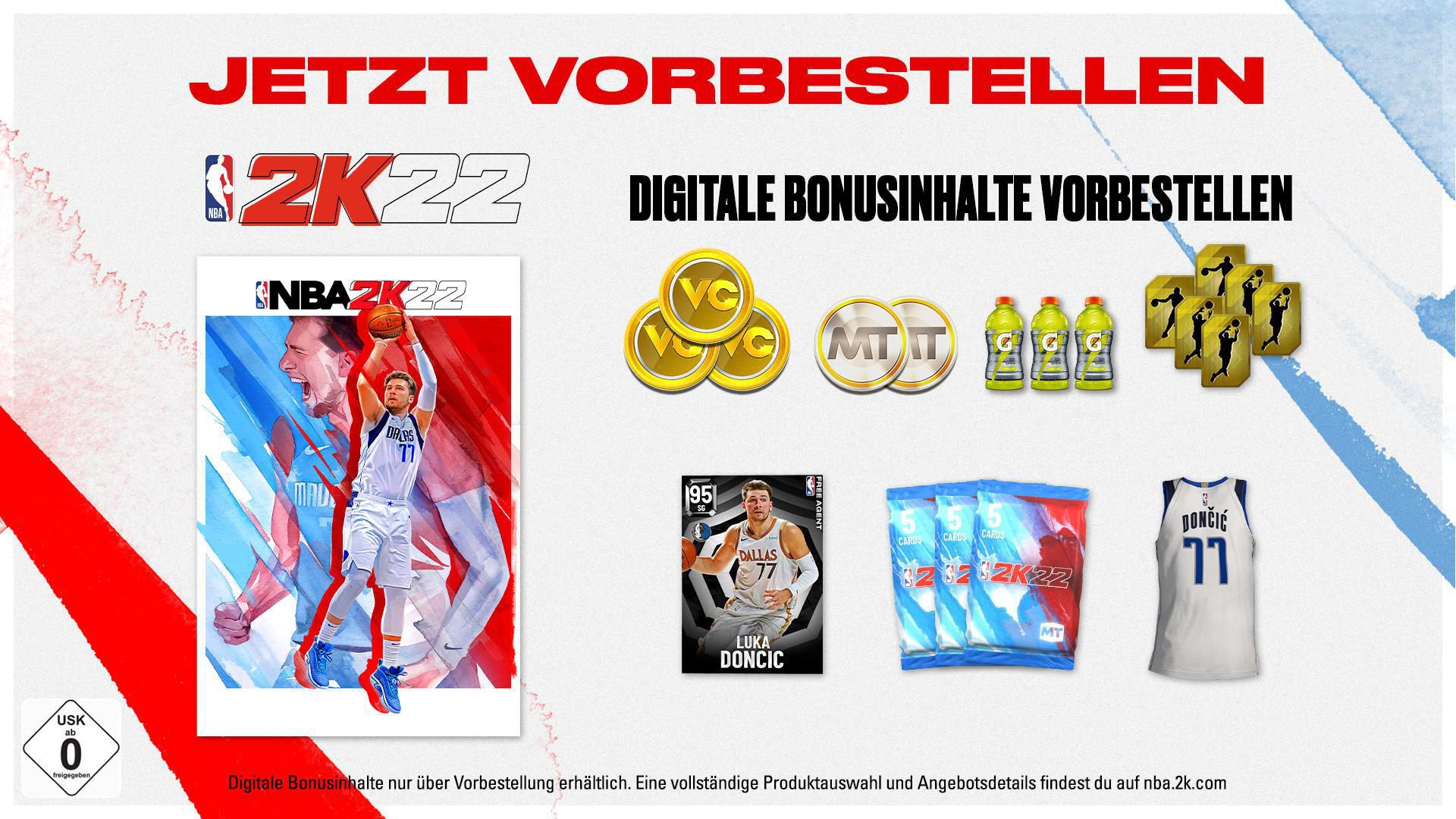 NBA 2K22 Spielbox, Luka Dončić Karte und digitale Bonusartikel auf blauem und rotem Hintergrund.