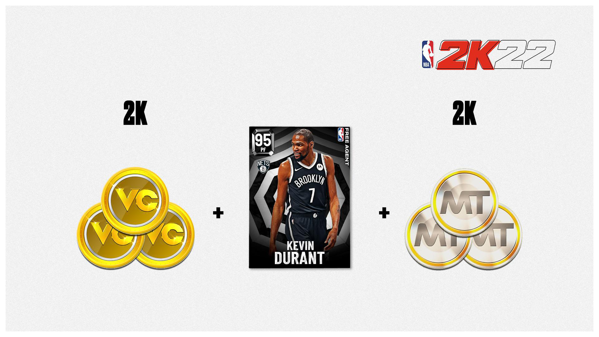 Bild von 2K-Spielinhalten mit NBA 2K22 Logo, Kevin Durant Karte und VC/MT Münzen.